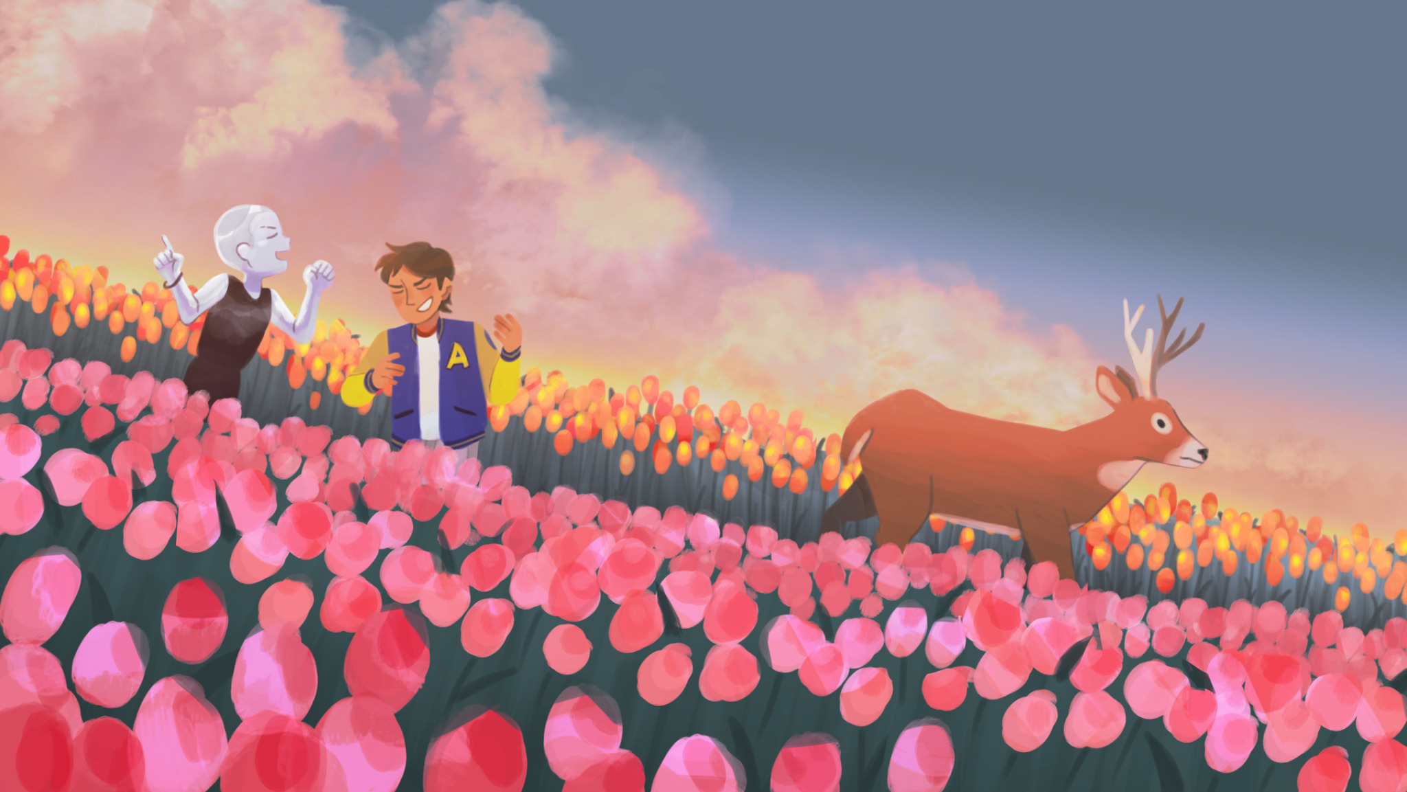 Jesse and Alan from Infinity Train in a field of flowers with a deer HD Wallpaper