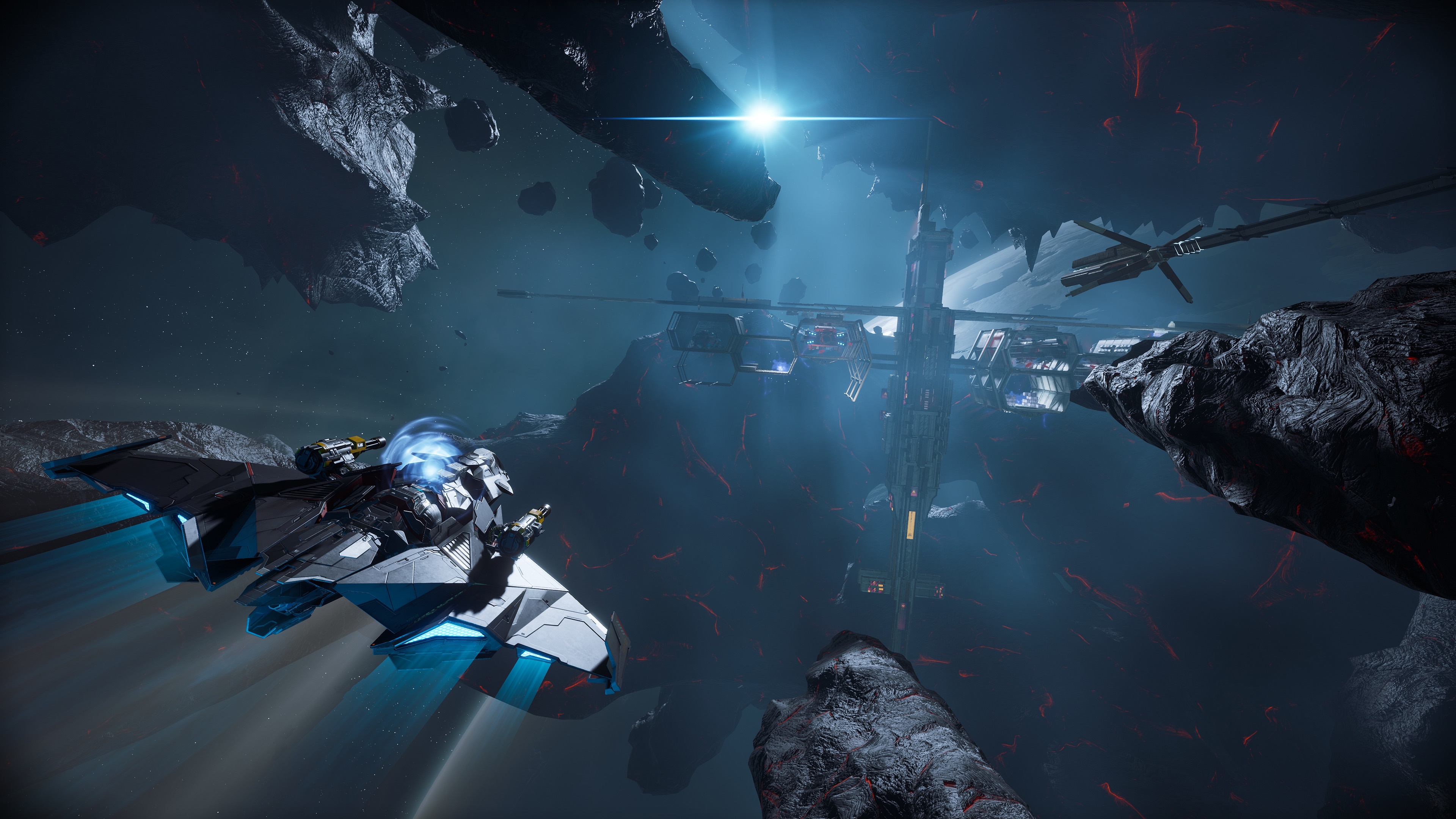 Spaceship near space station and asteroids HD Wallpaper