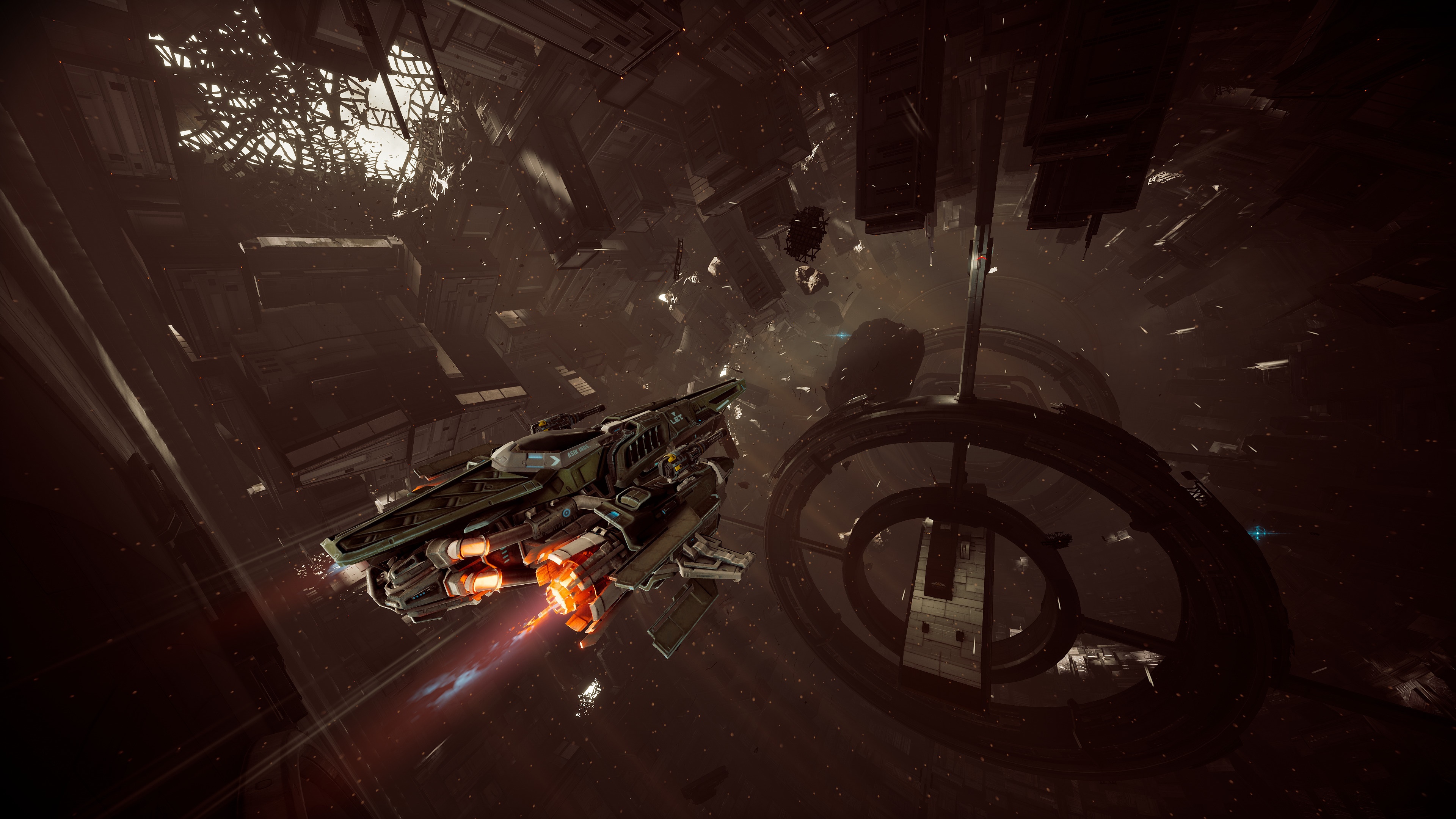 Spaceship in a destroyed space station 4K HD Wallpaper
