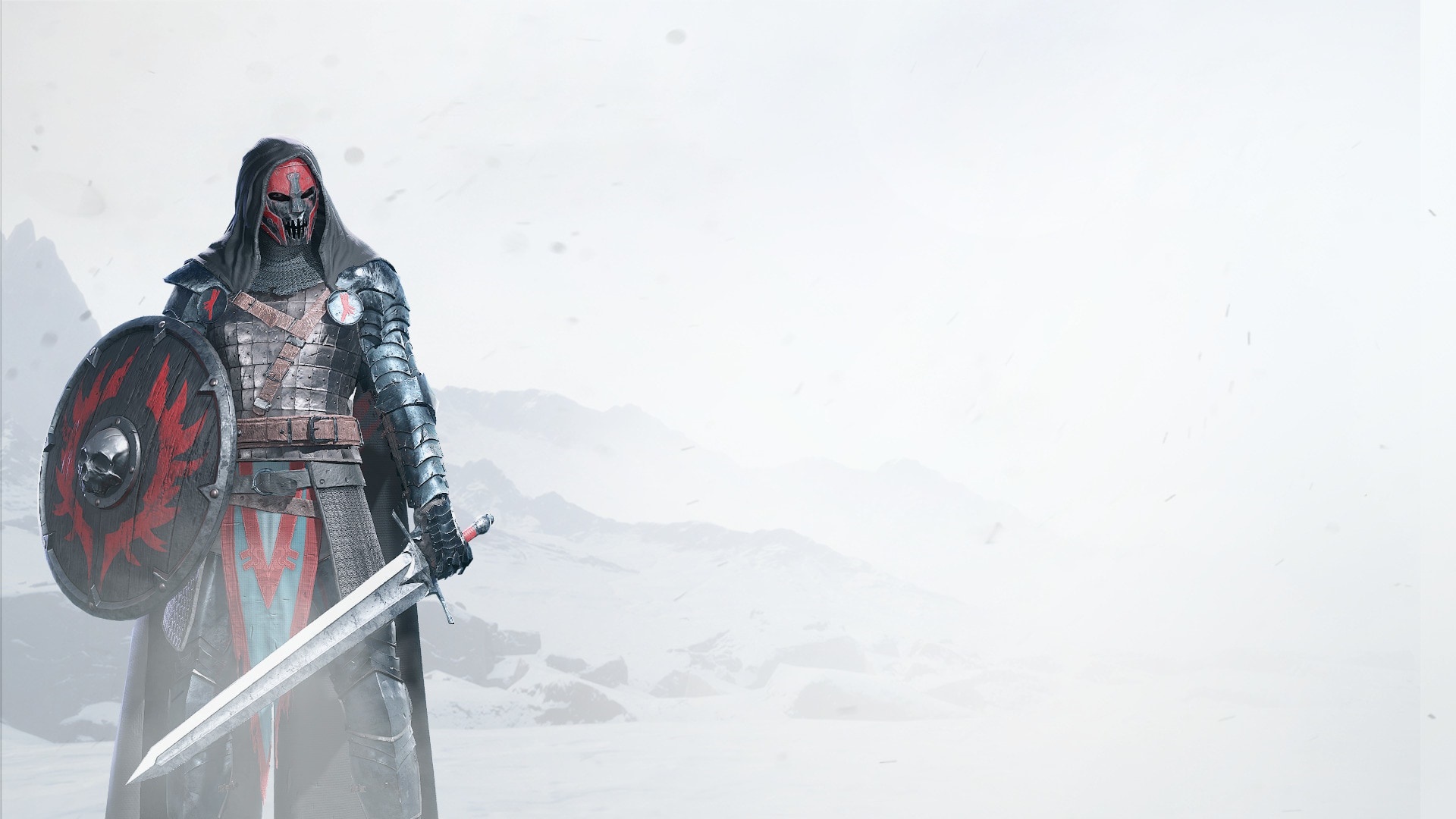 Warrior with sword and shield in snowy mountains HD Wallpaper