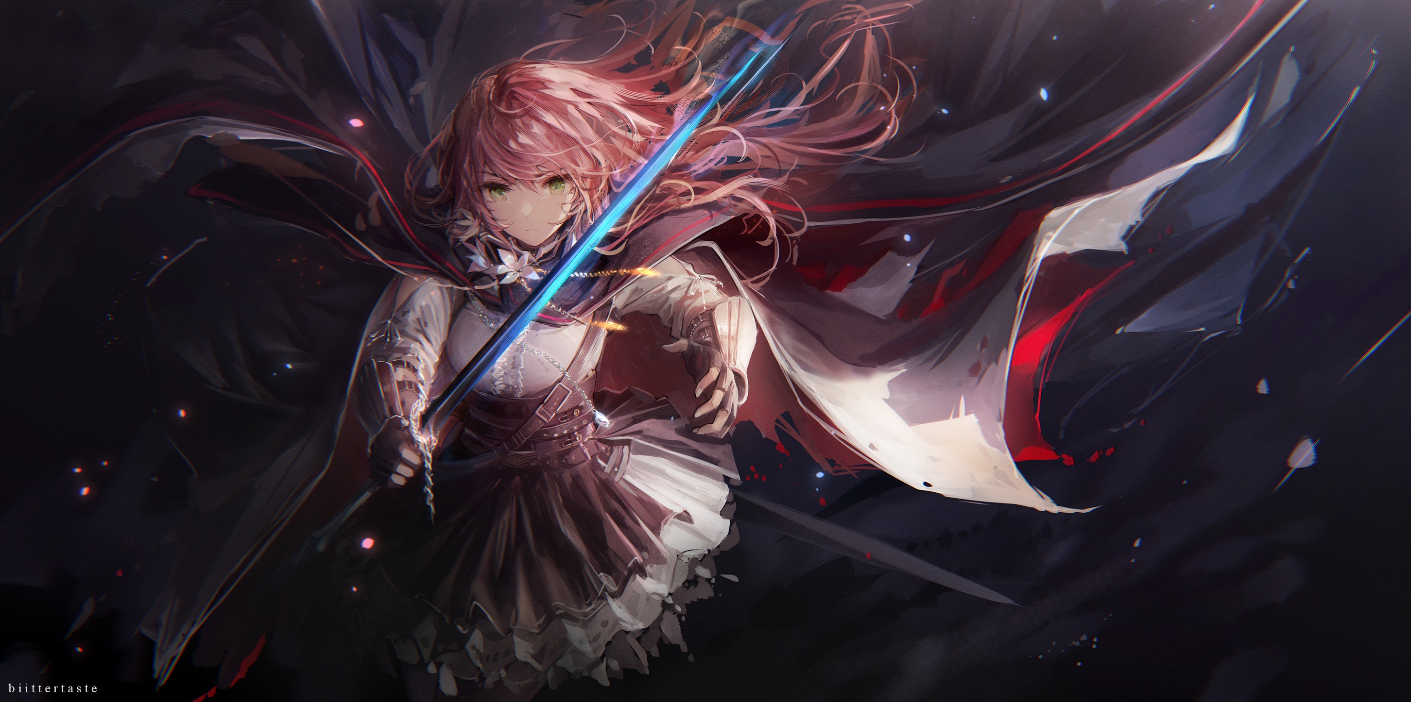 Girl with pink hair holding a glowing sword HD Wallpaper