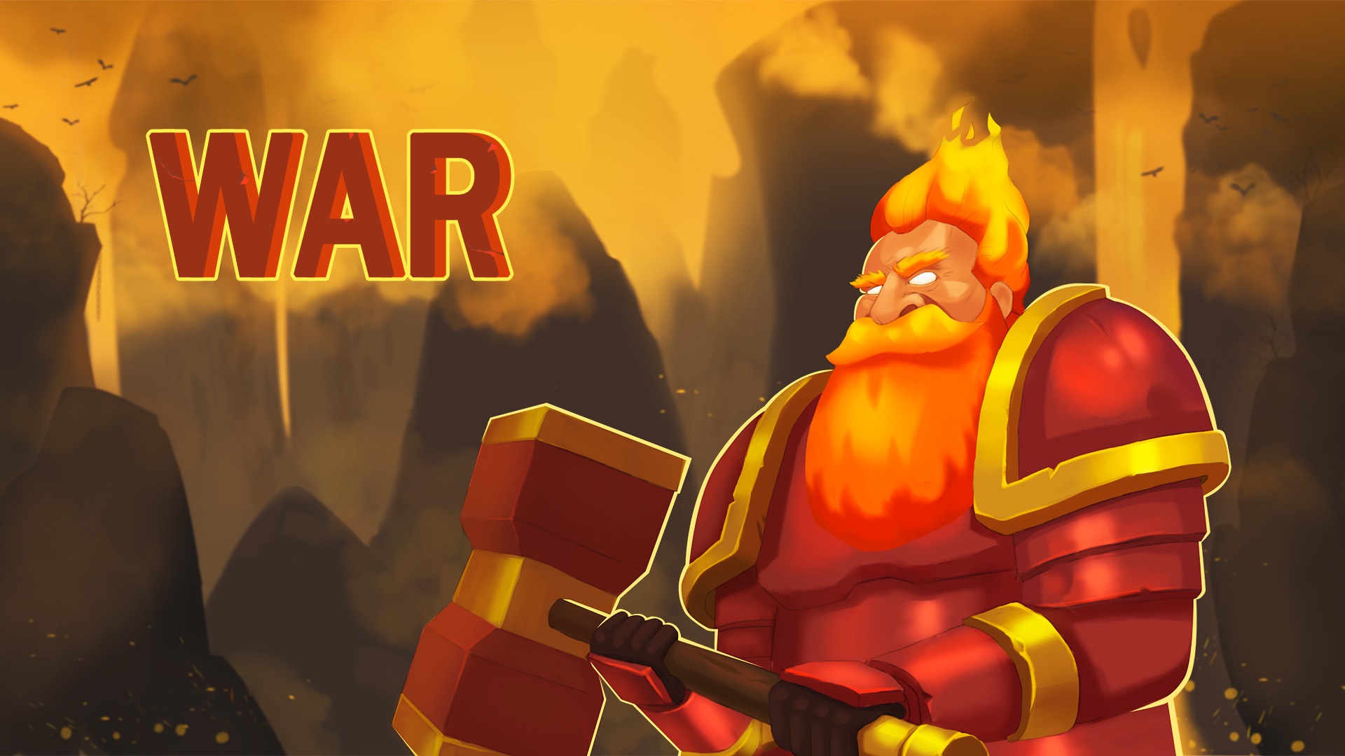 WAR text with a fiery warrior holding a hammer HD Wallpaper