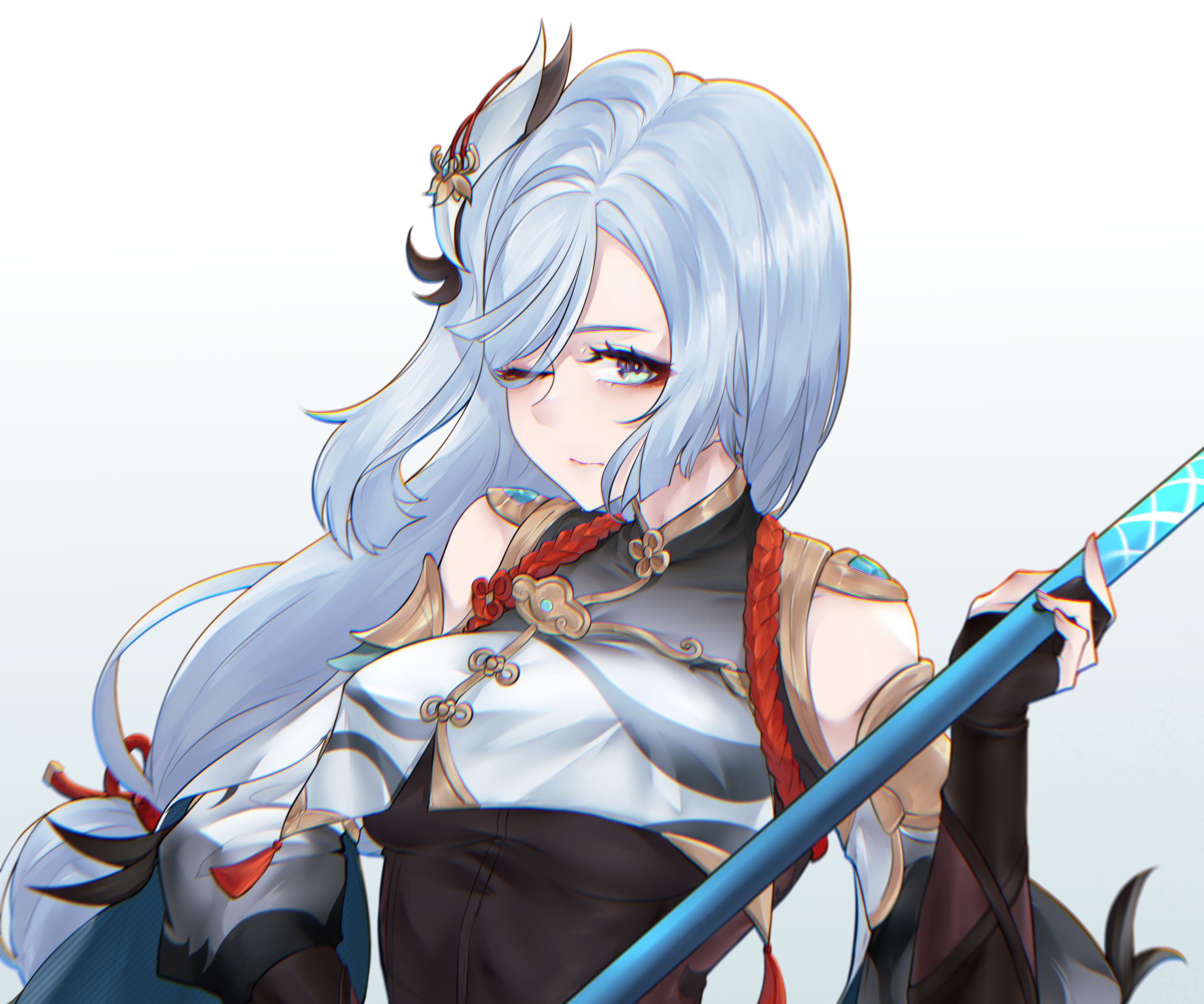 Shenhe from Genshin Impact holding a polearm HD Wallpaper