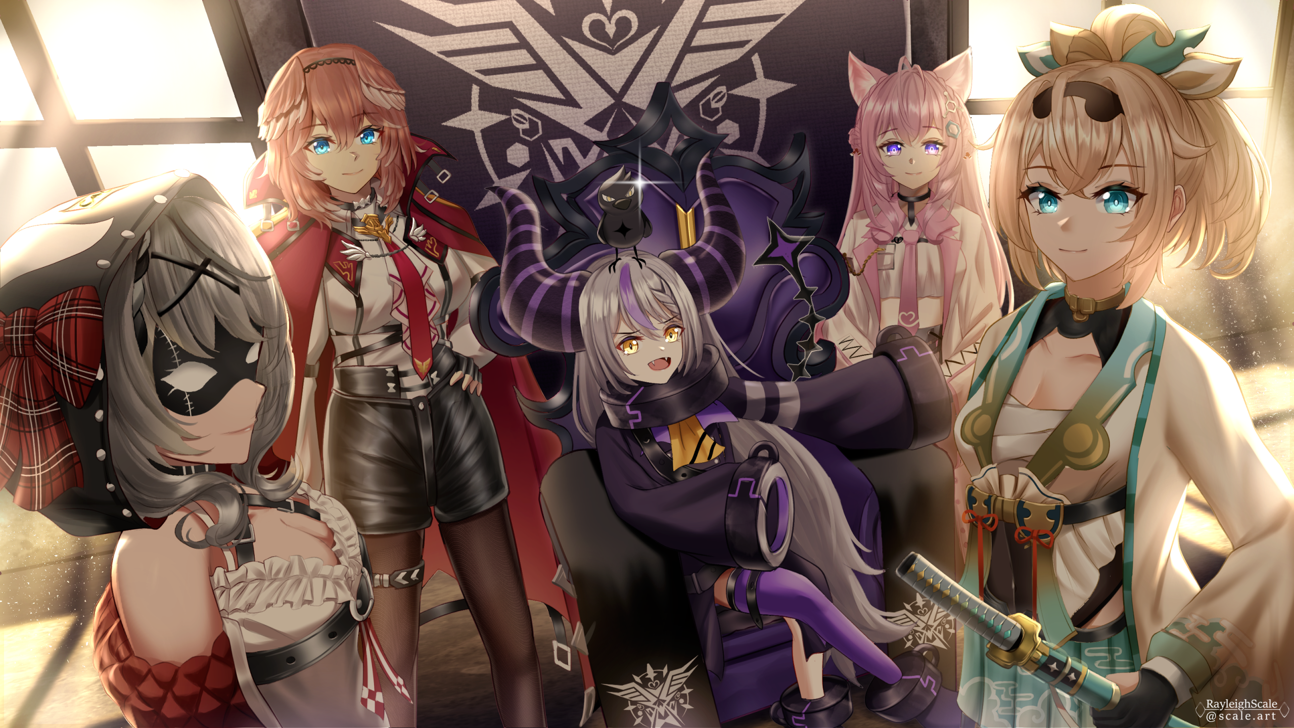 Hololive members Hakui Koyori, Takane Lui, Sakamata Chloe, La+ Darknesss, and Kazama Iroha HD Wallpaper