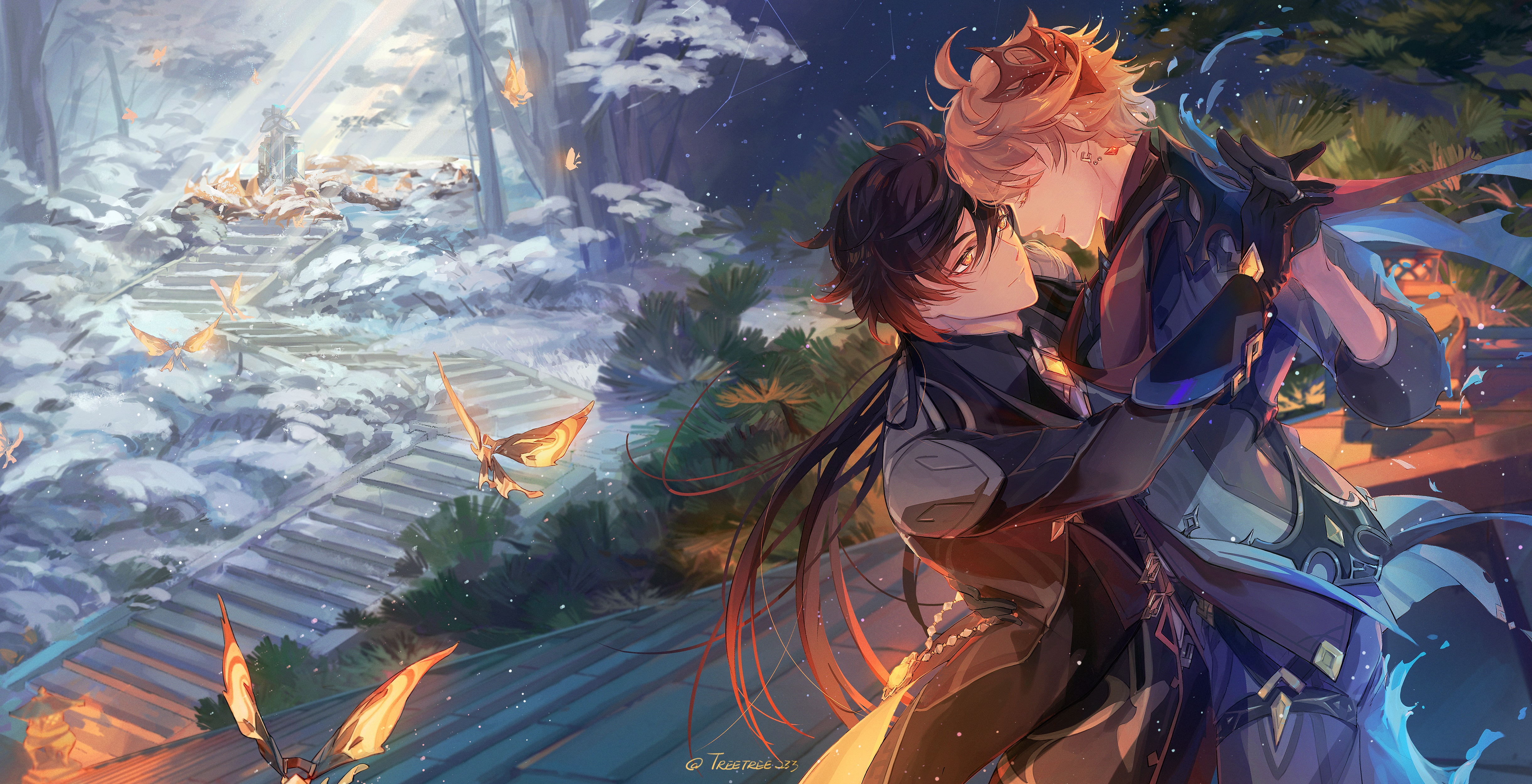 Zhongli and Tartaglia from Genshin Impact in a snowy landscape HD Wallpaper
