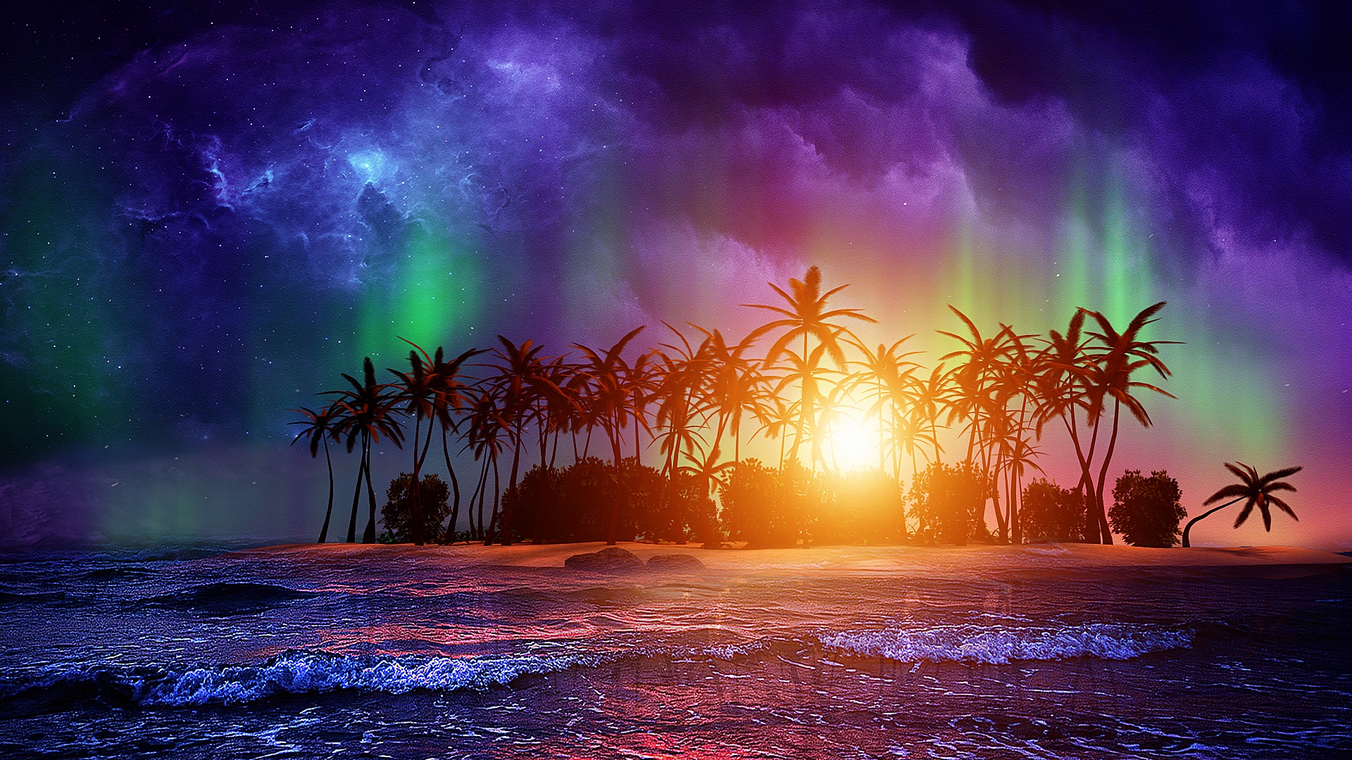 Island with palm trees under Aurora Borealis at sunset HD Wallpaper