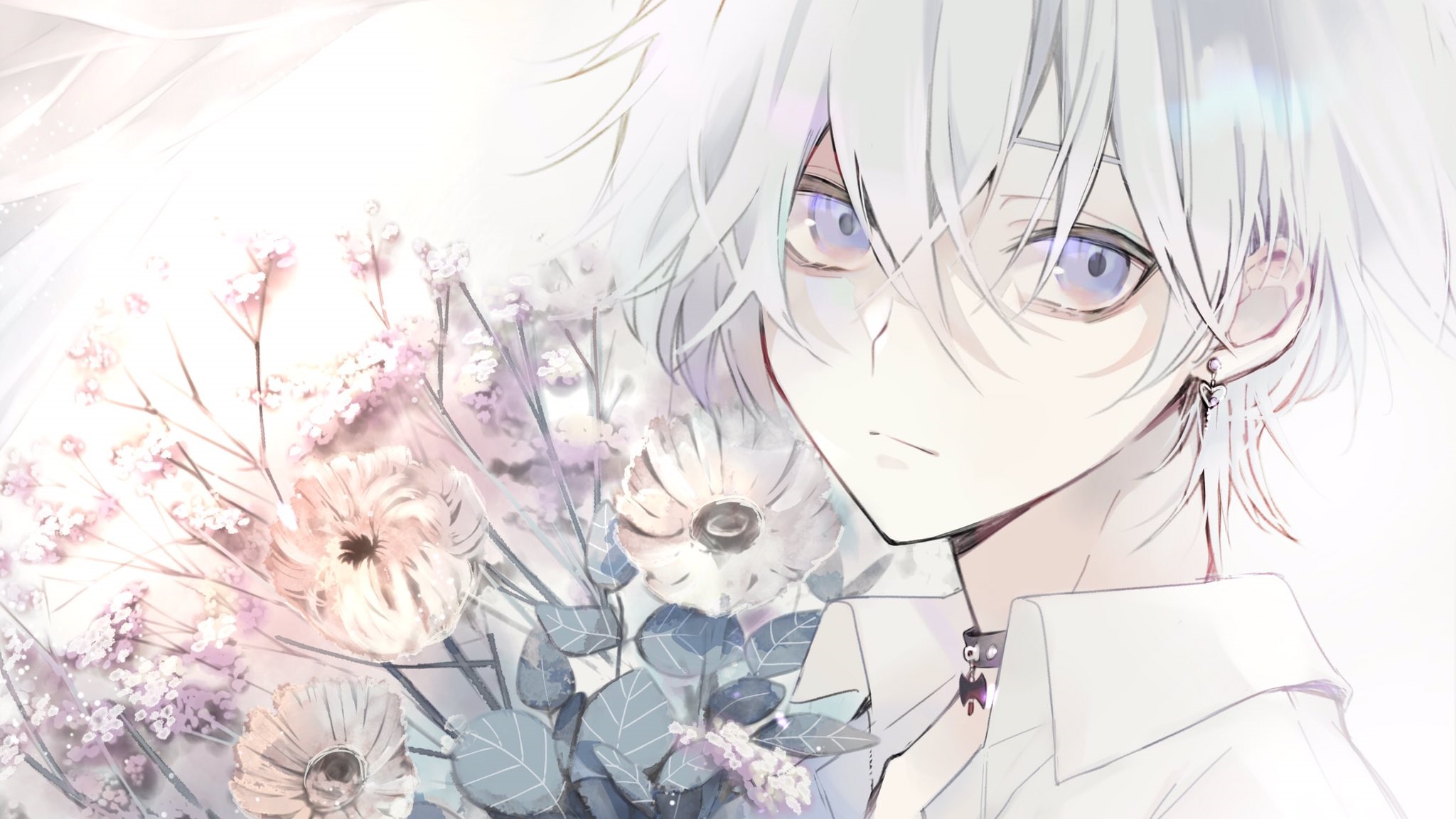 Anime Boy with White Hair and Flowers HD Wallpaper