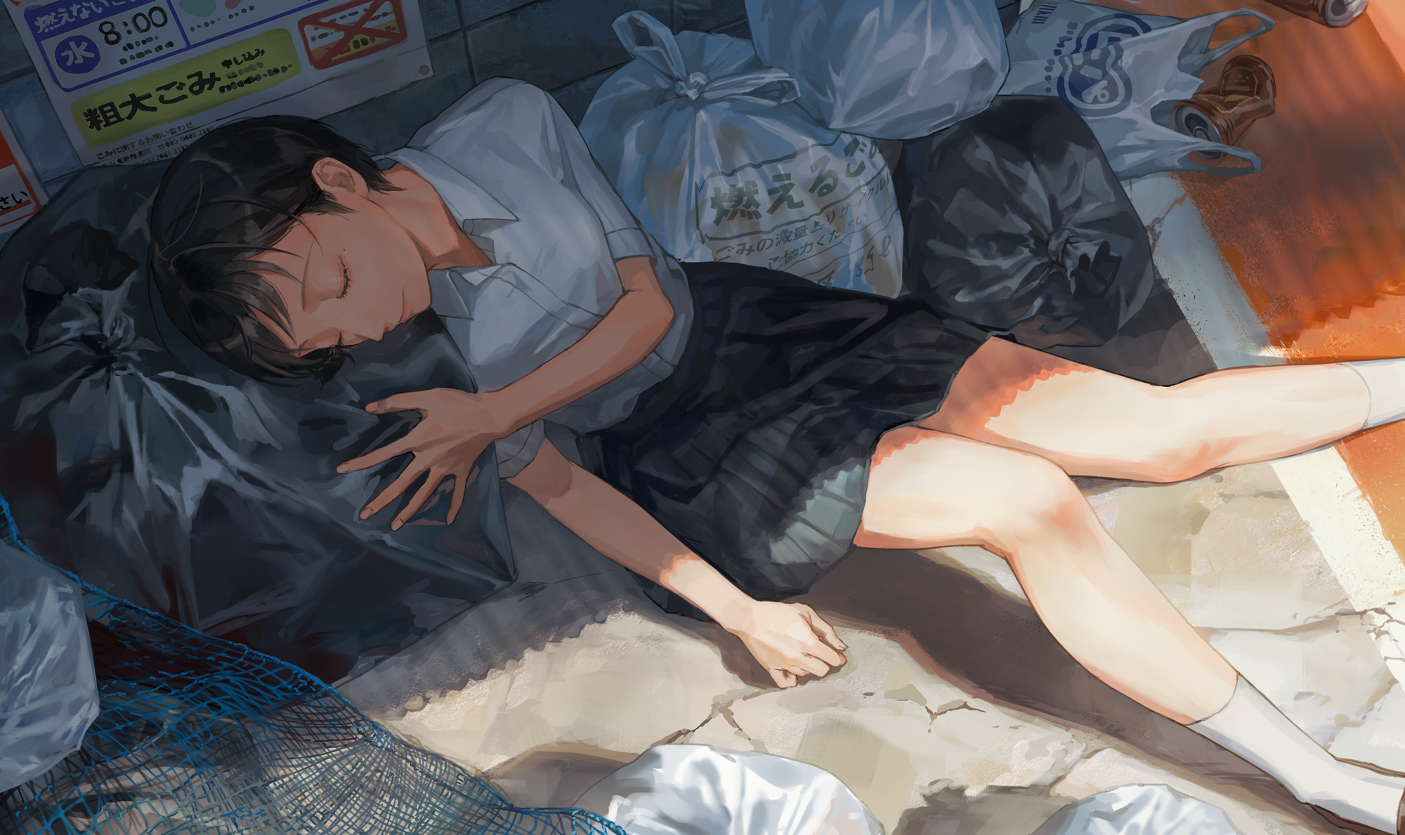 Girl sleeping among trash bags HD Wallpaper