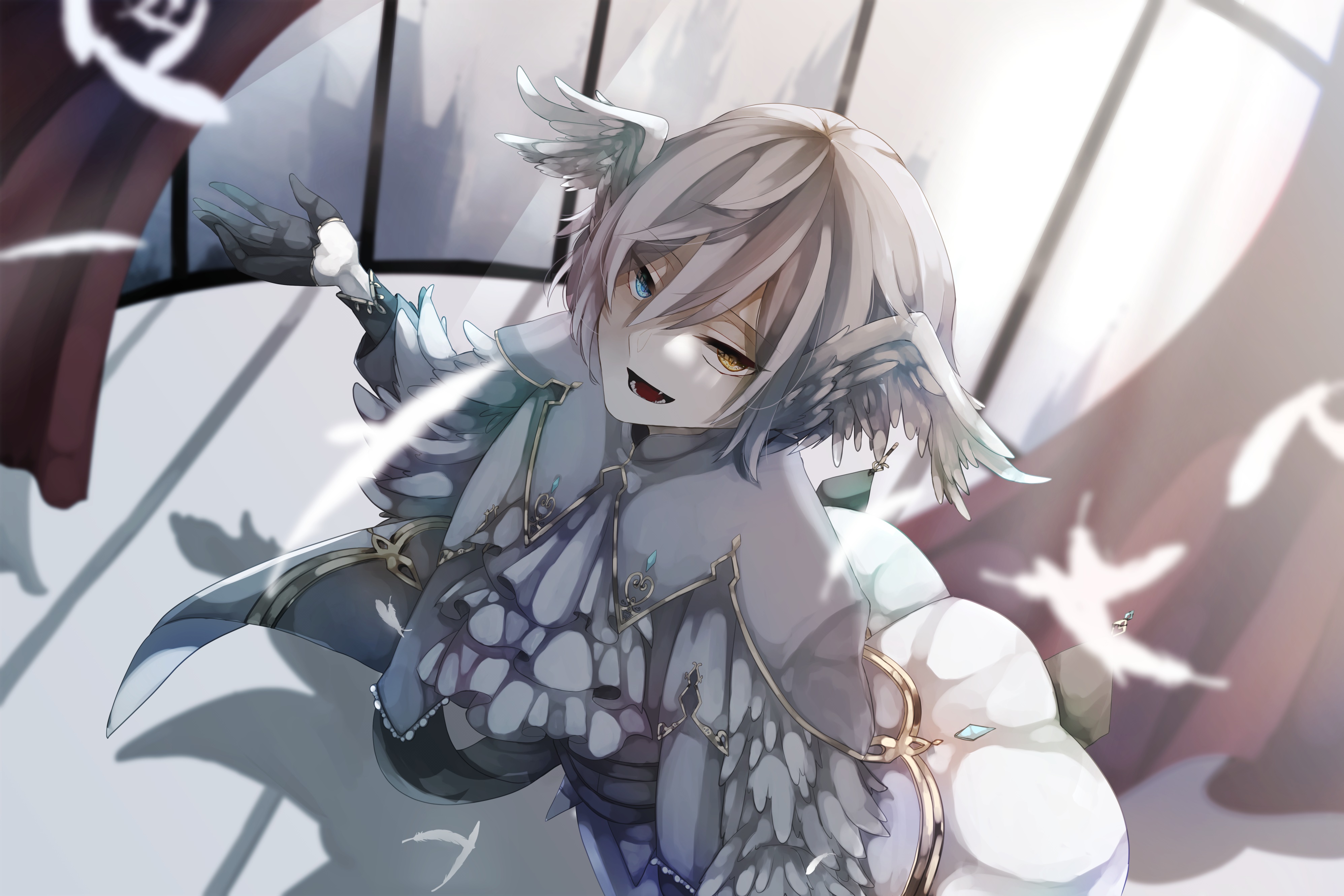 Anime boy with bird wings and heterochromia HD Wallpaper