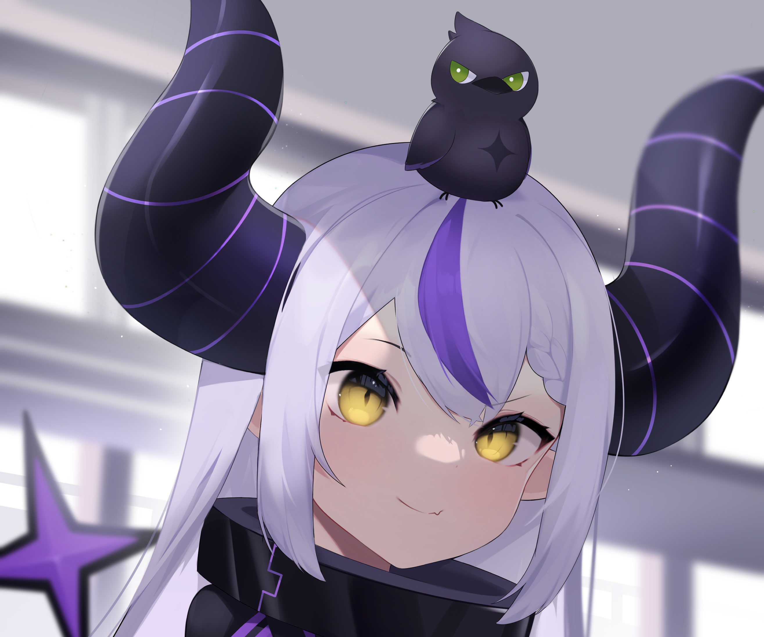 La+ Darknesss from Hololive with a bird on her head HD Wallpaper