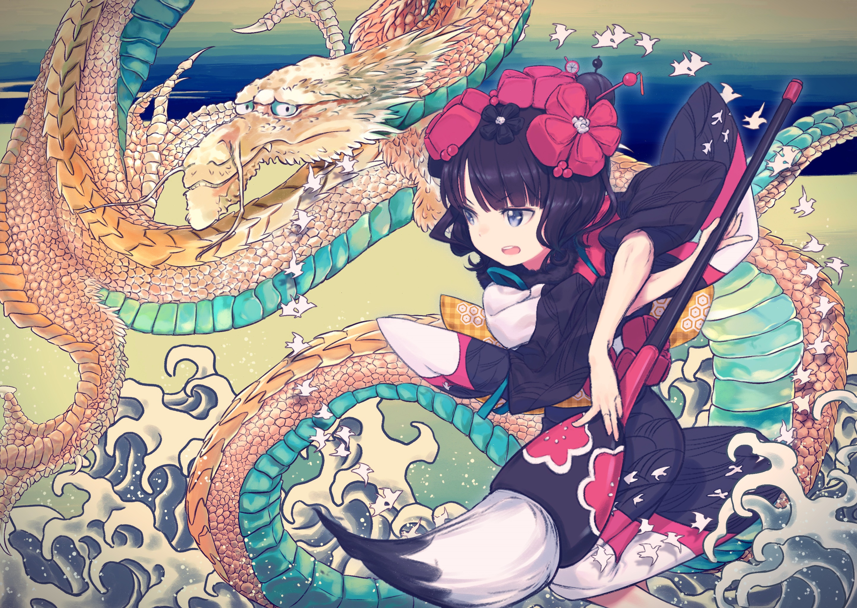 Katsushika Hokusai from Fate/Grand Order with a Dragon HD Wallpaper