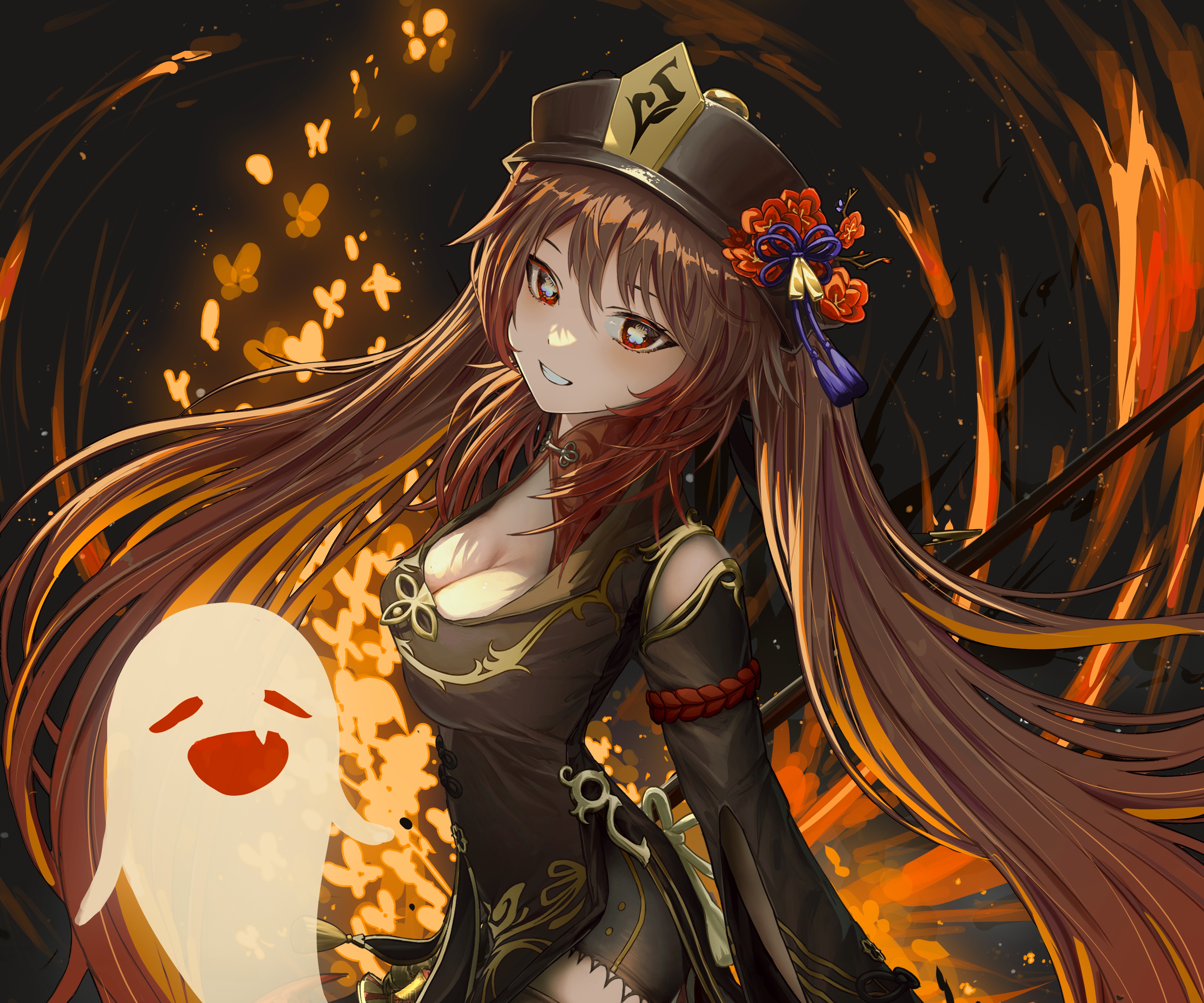 Hu Tao from Genshin Impact with a ghost HD Wallpaper