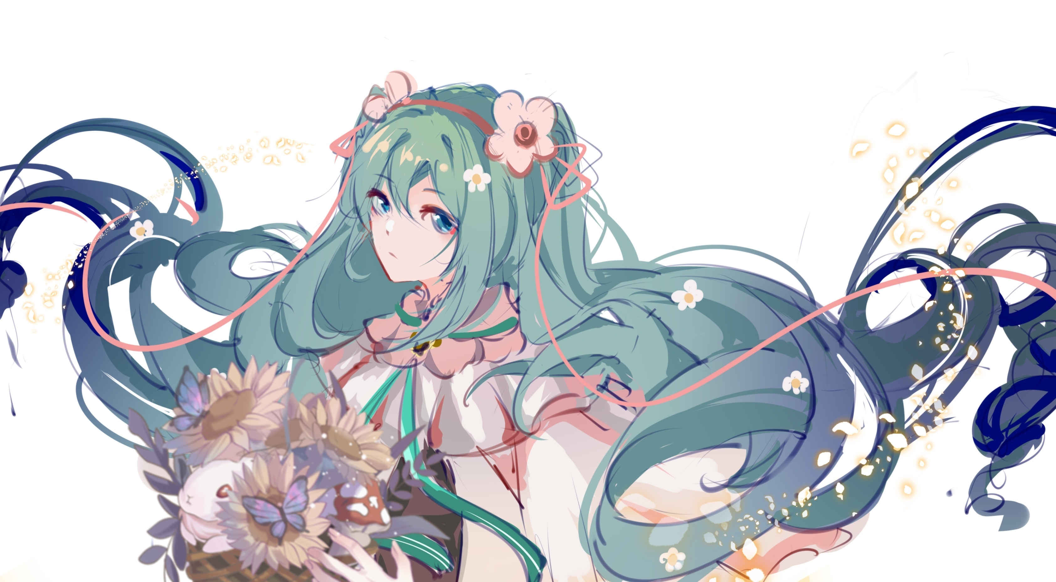 Hatsune Miku with flowers and butterflies HD Wallpaper