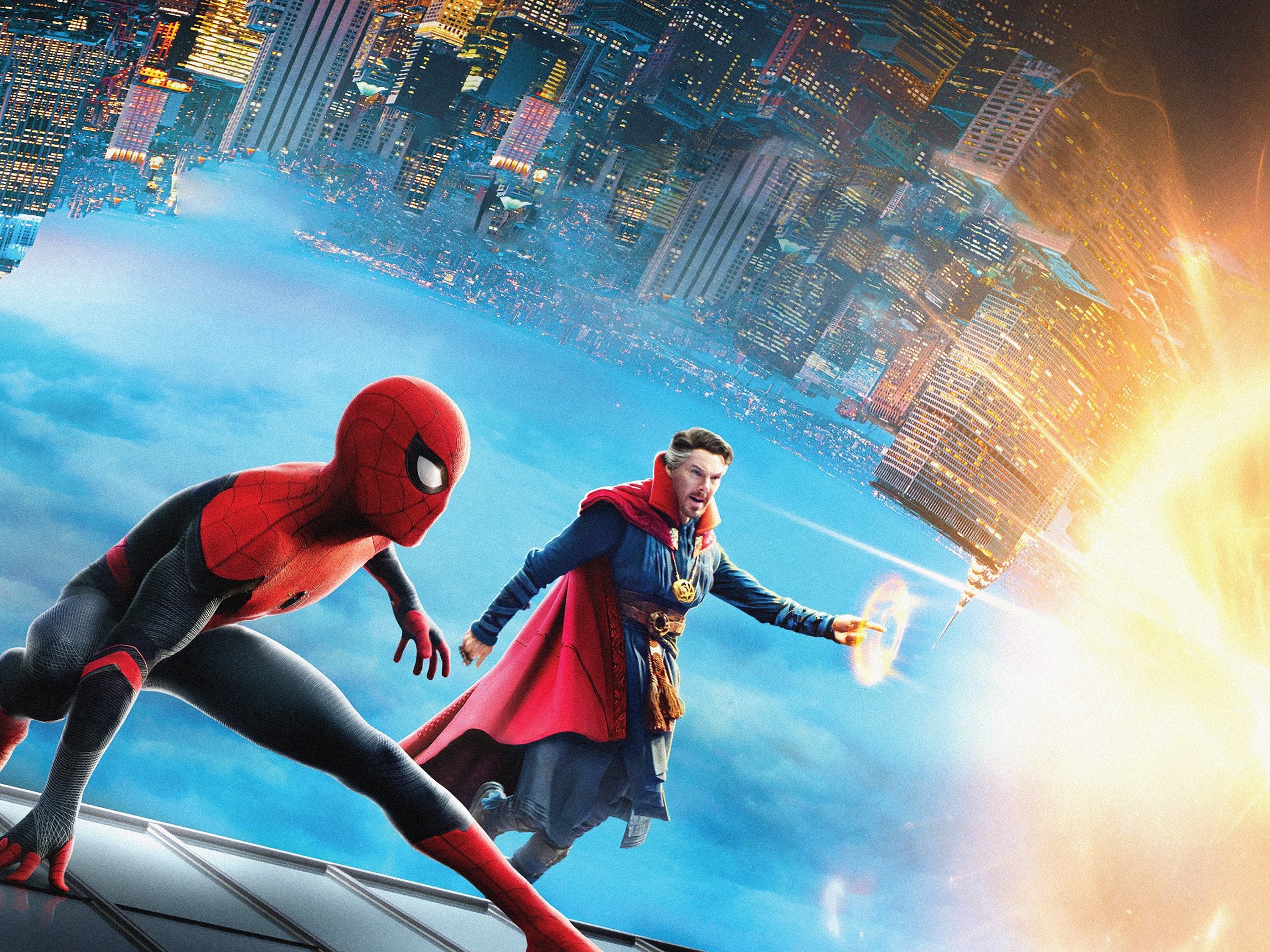 Spider-Man and Doctor Strange in a surreal city HD Wallpaper