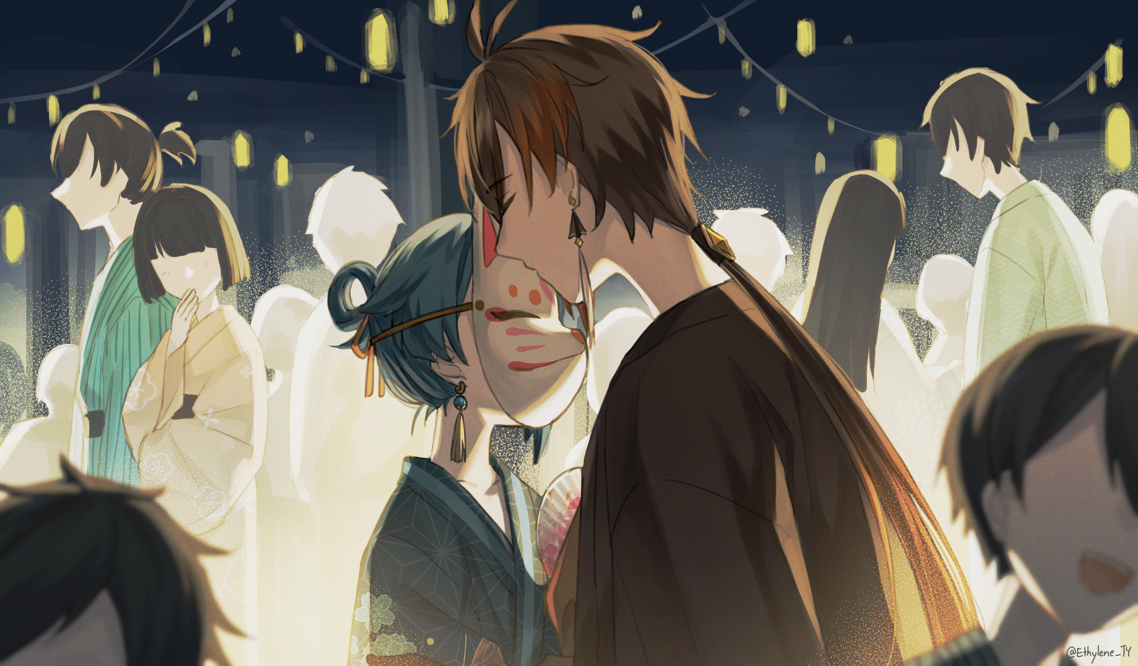 Xingqiu and Zhongli from Genshin Impact at a festival HD Wallpaper