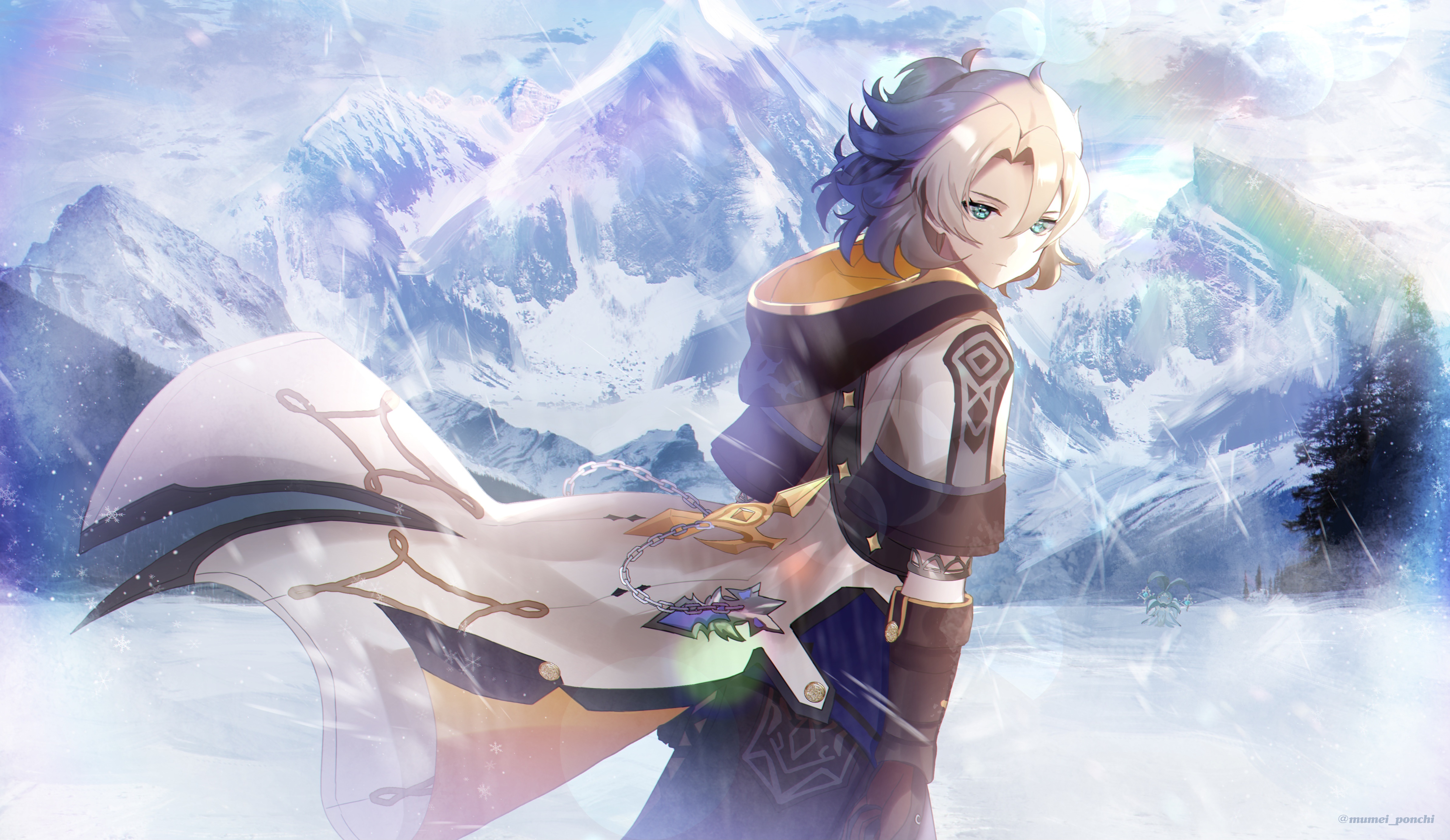 Albedo from Genshin Impact in snowy mountains 4K HD Wallpaper