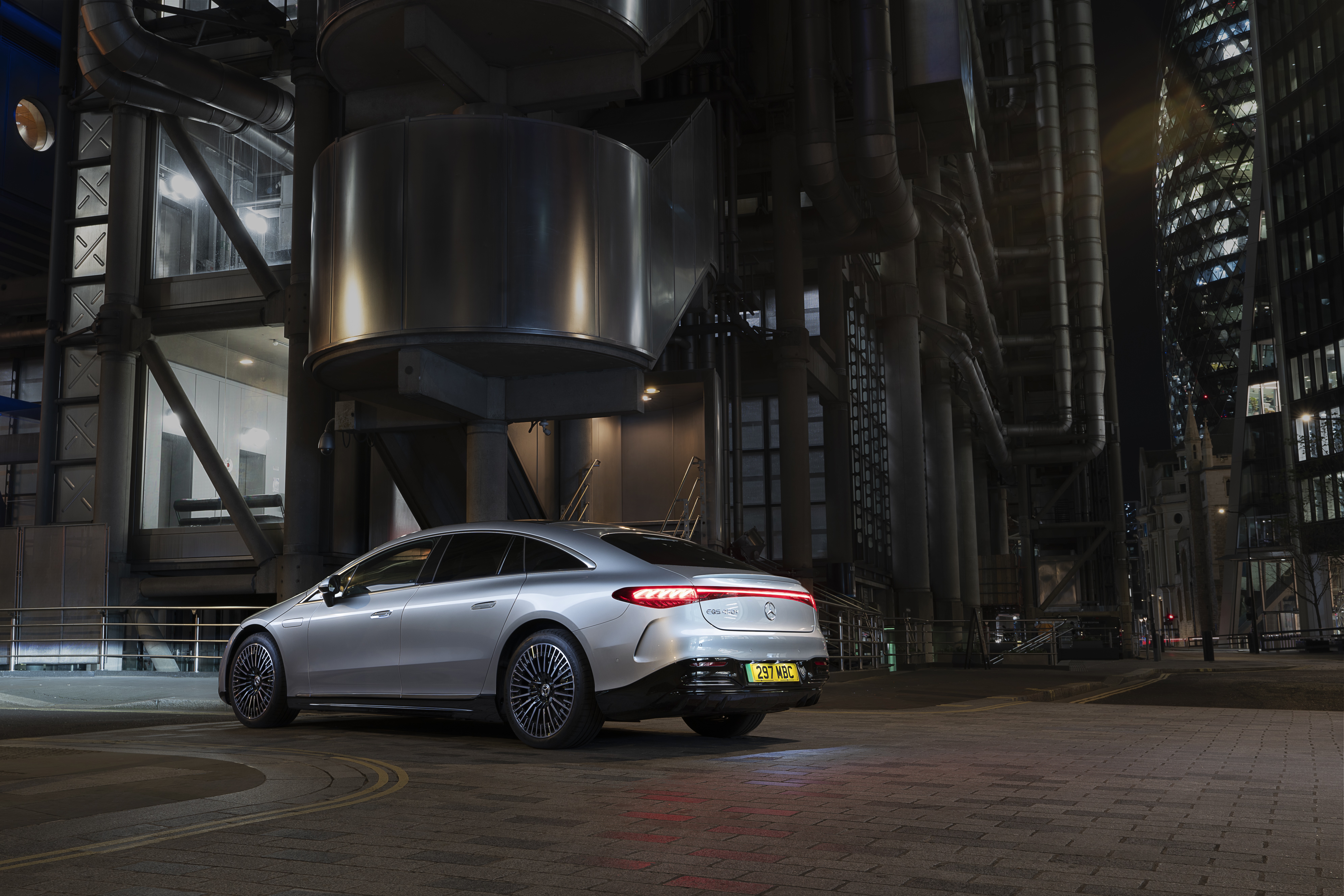 Silver Mercedes-Benz EQS 450 AMG Line at night HD Wallpaper