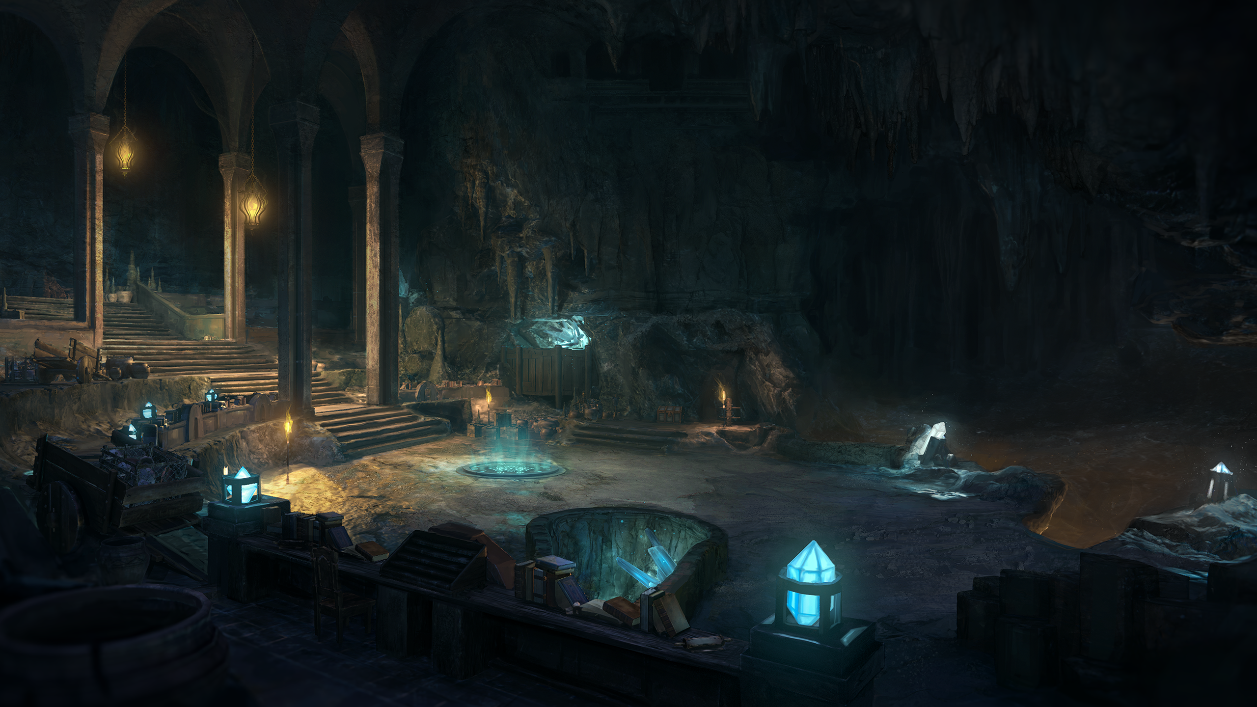 Cave interior with glowing crystals and ancient architecture HD Wallpaper