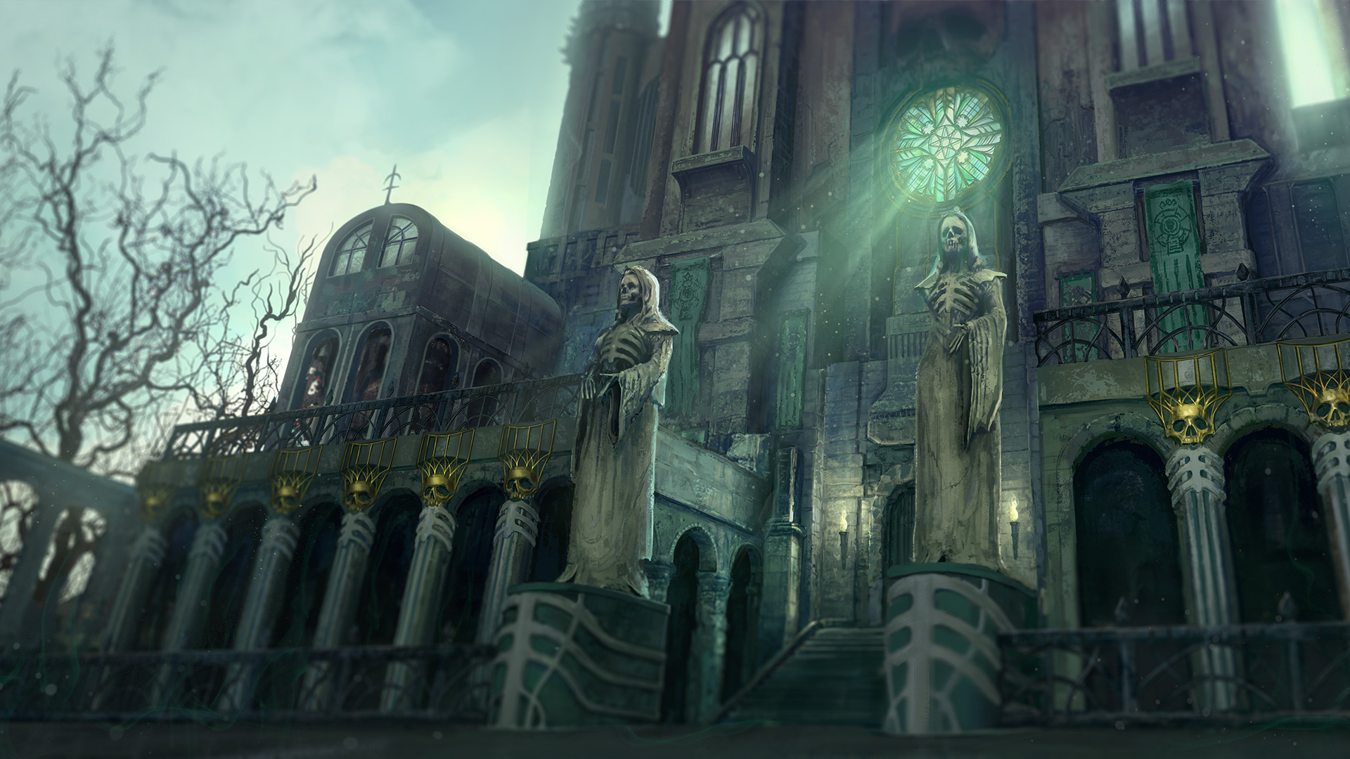 Last Epoch Cathedral with Grim Reaper Statues HD Wallpaper