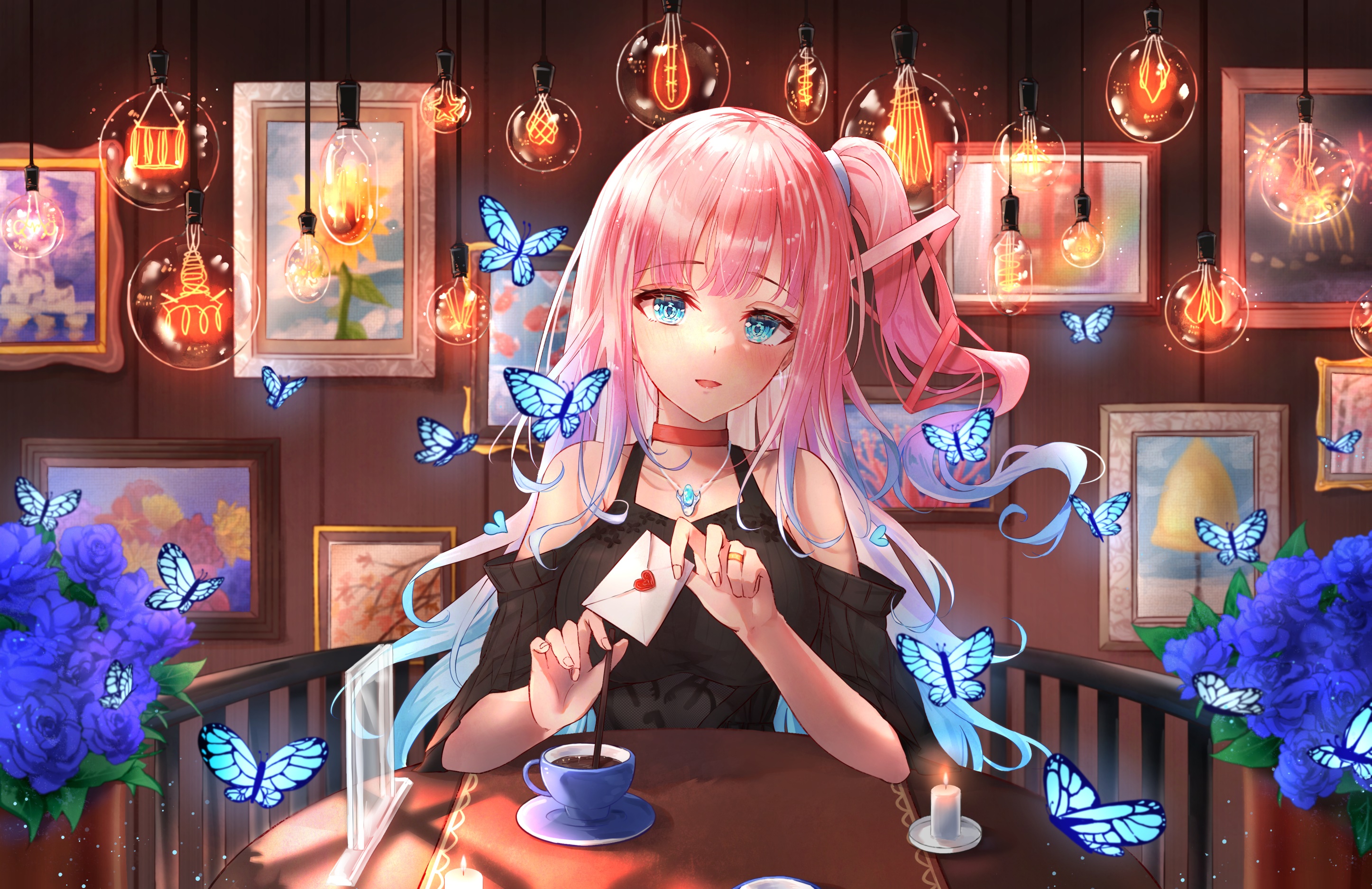 Yumesaki Mia with butterflies and coffee HD Wallpaper