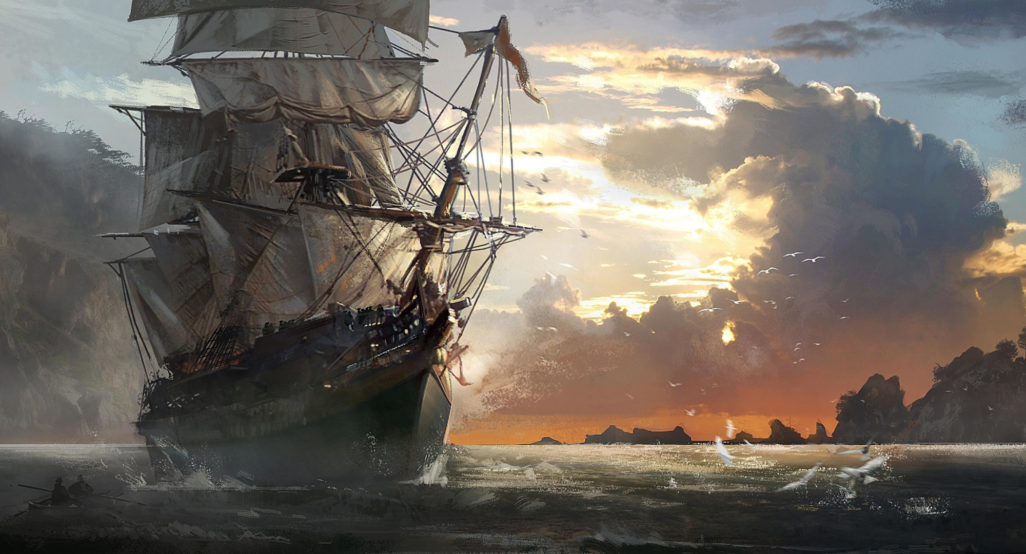 Assassin's Creed IV: Black Flag ship at sunset HD Wallpaper