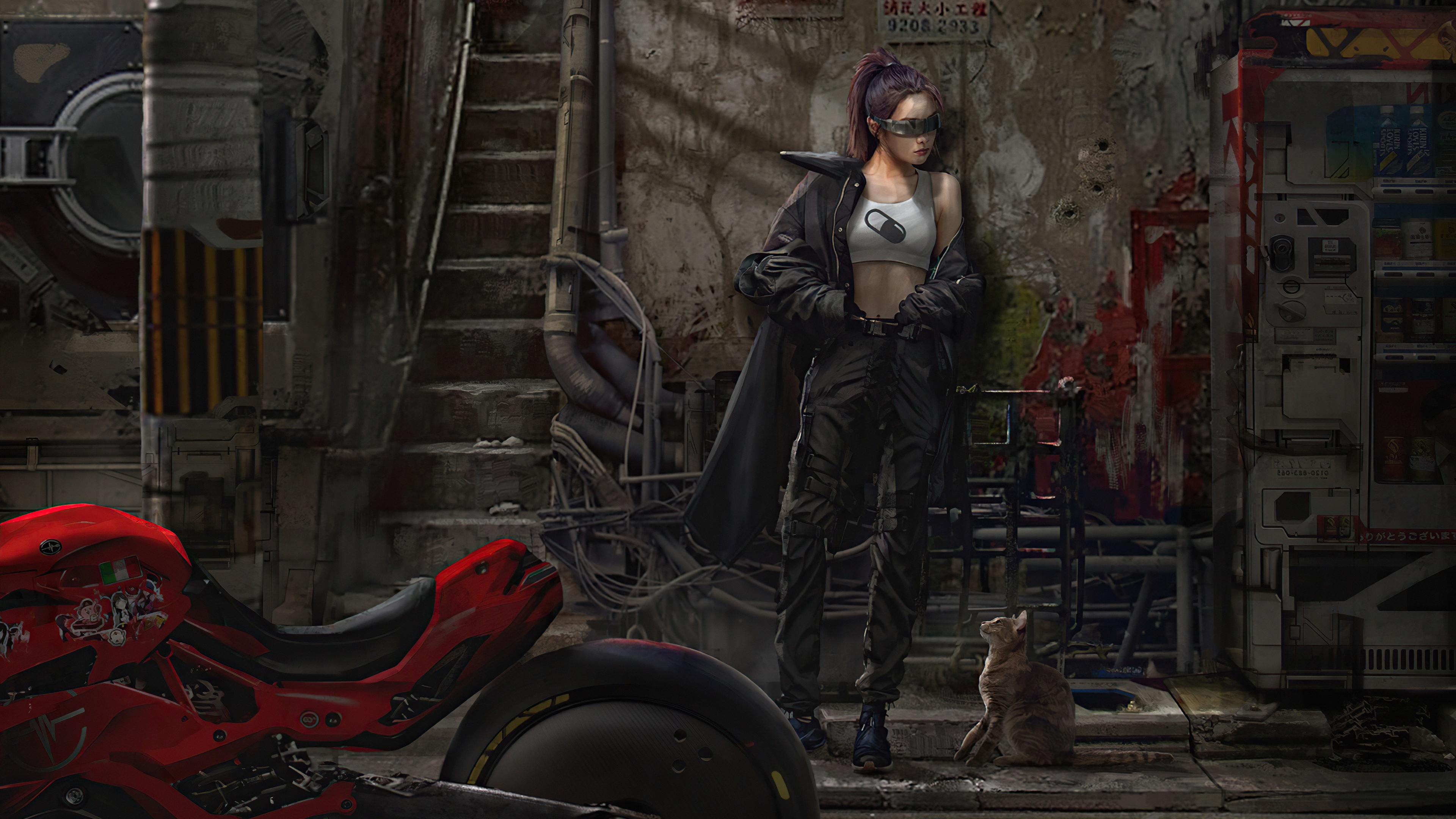 Sci Fi Woman with Cat and Motorcycle 4K HD Wallpaper