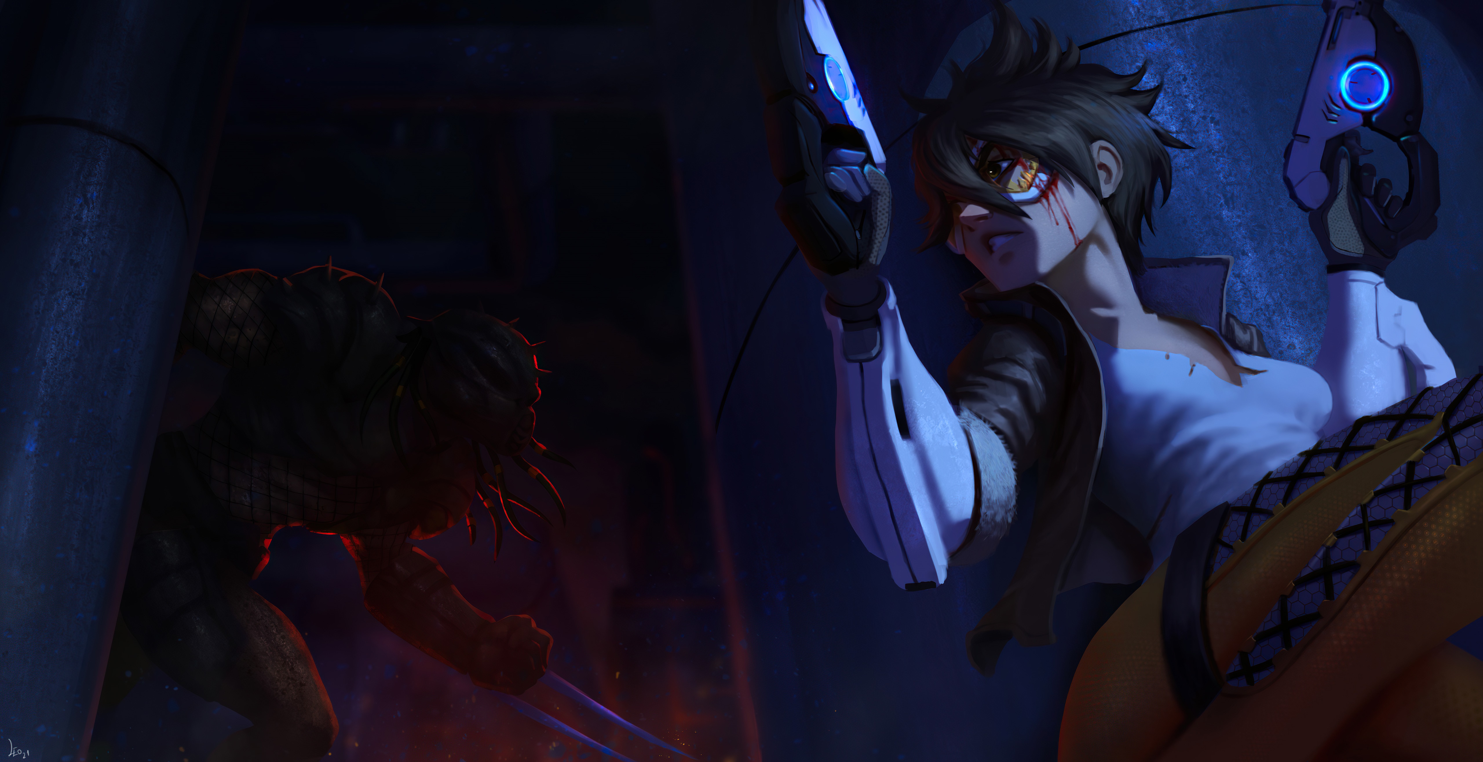 Tracer from Overwatch fighting Predator 4K HD Wallpaper