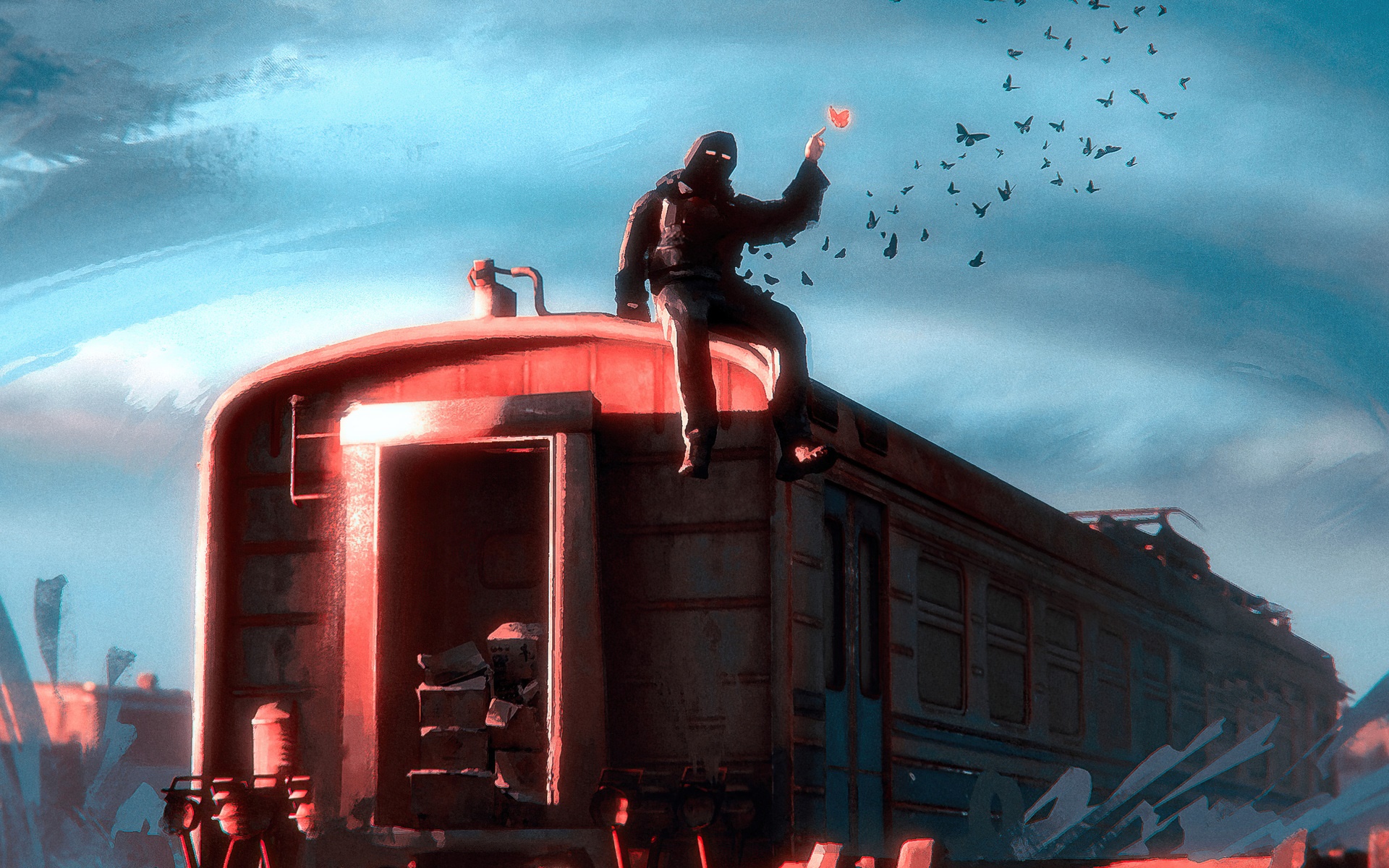 Man in dark clothing on a train car releasing butterflies HD Wallpaper