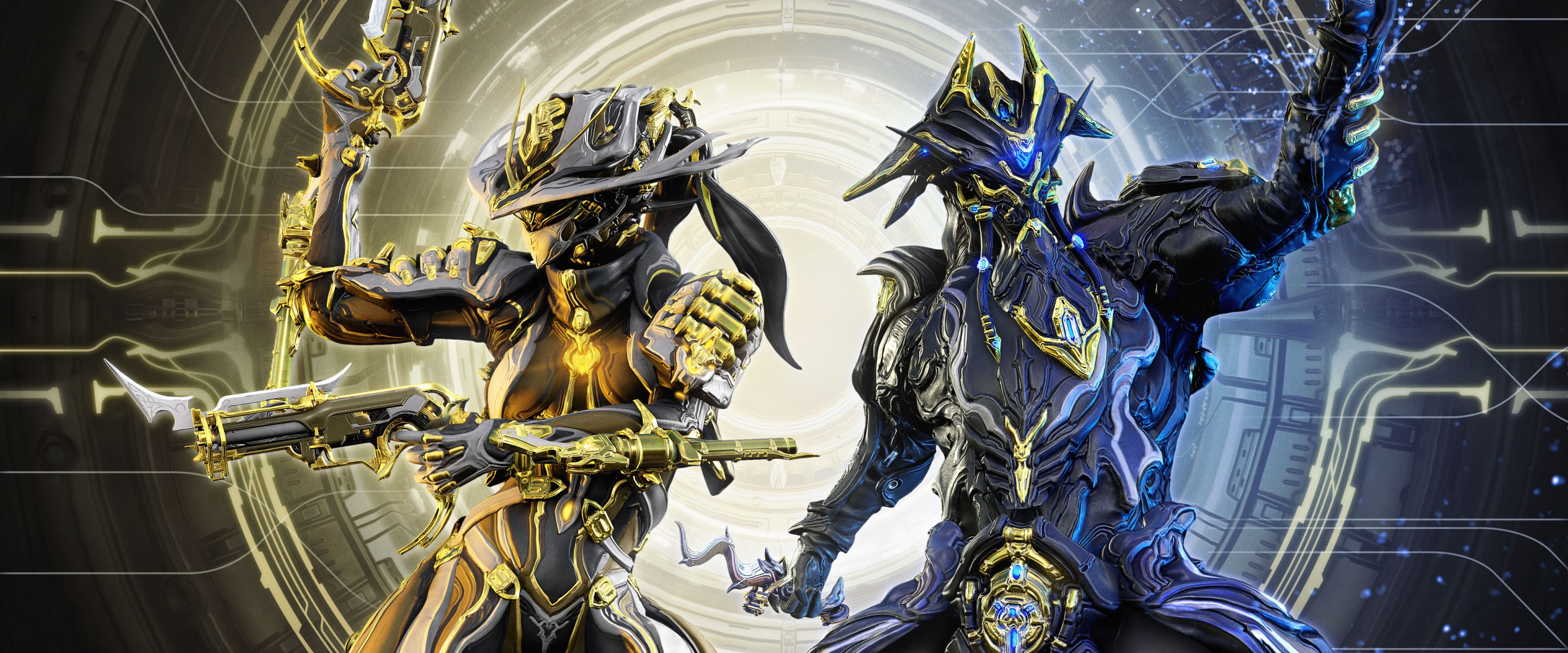 Two armored figures from Warframe HD Wallpaper