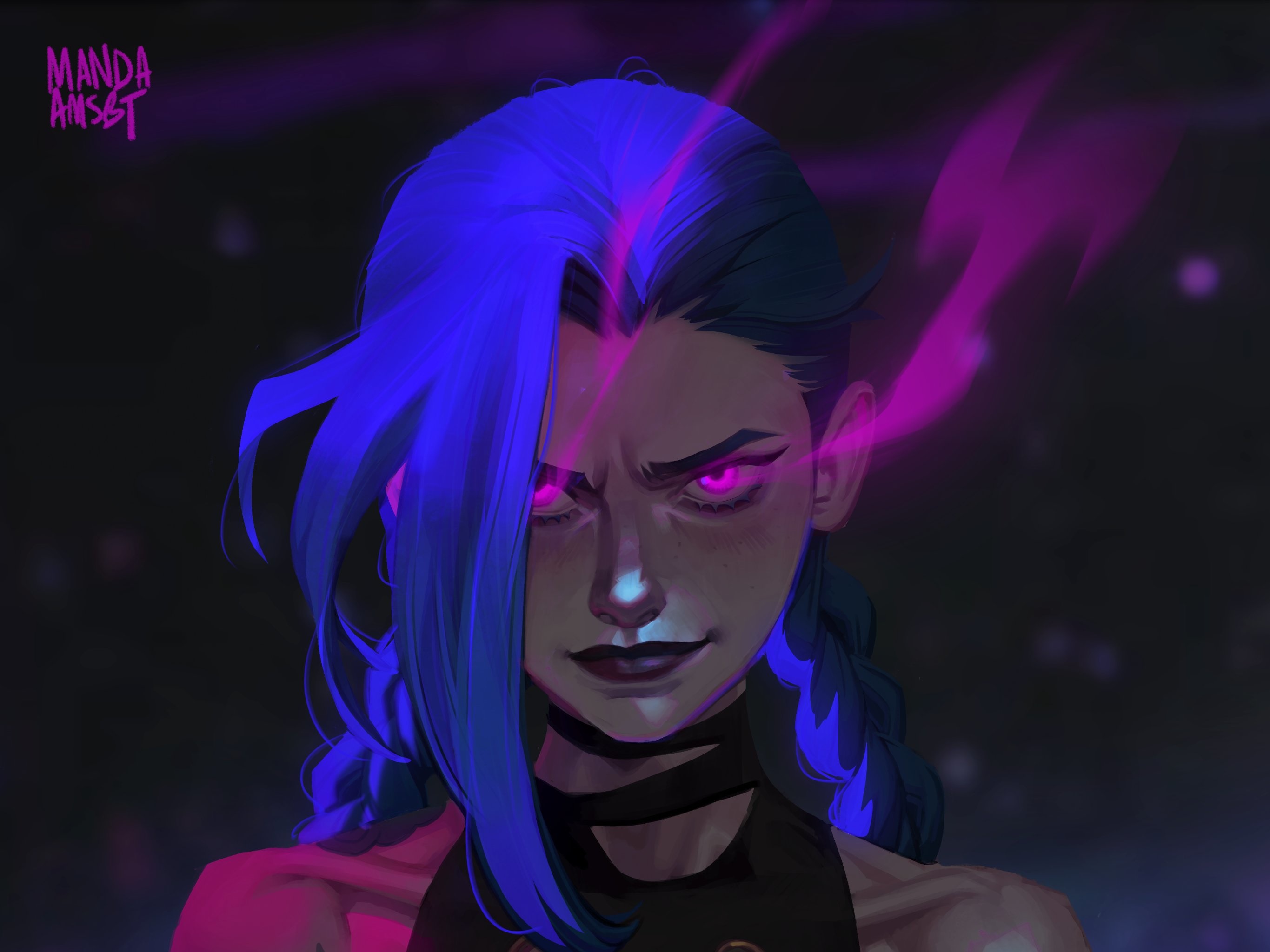 Jinx from Arcane with glowing pink eyes HD Wallpaper