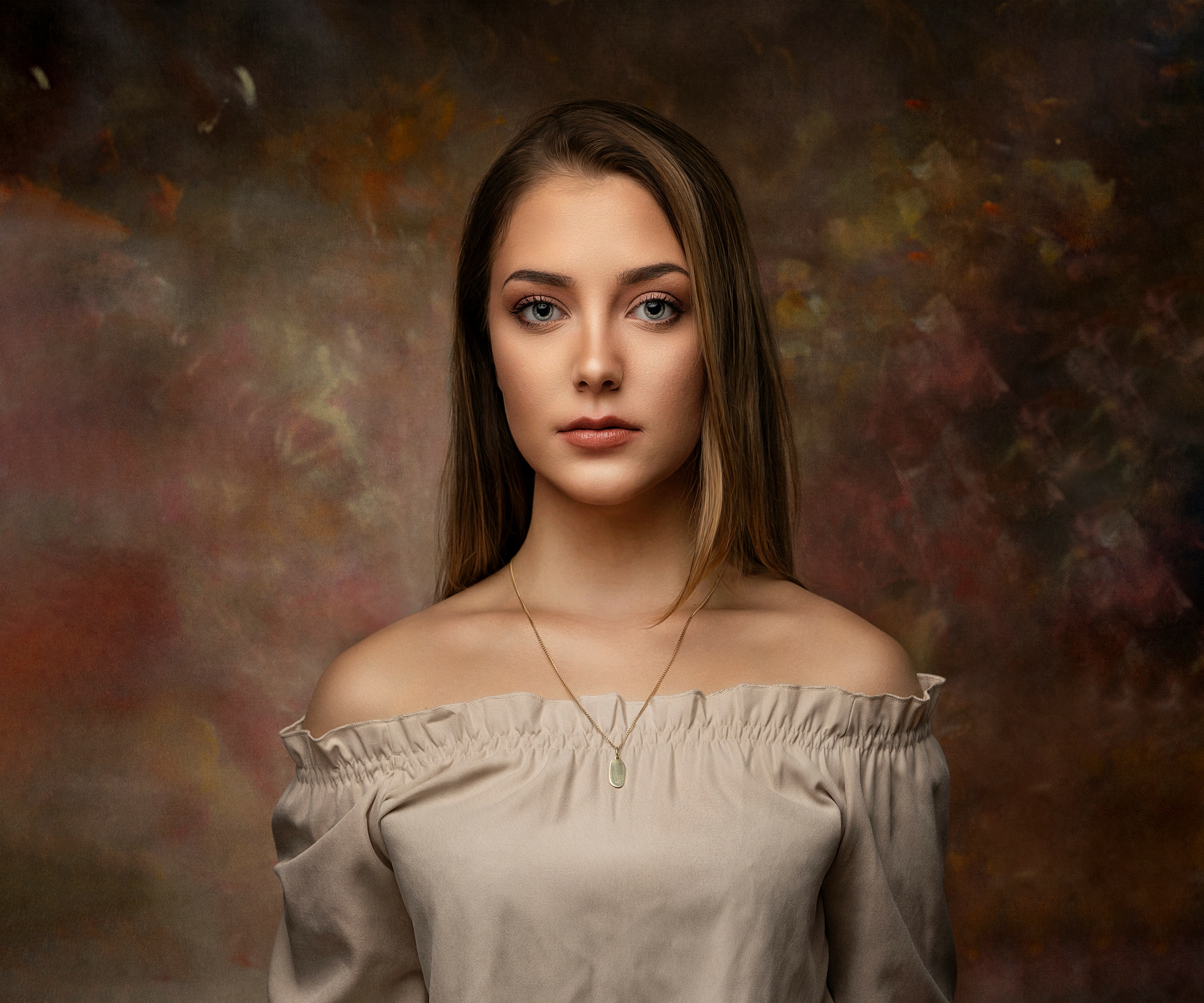Portrait of a young woman with off-shoulder top HD Wallpaper