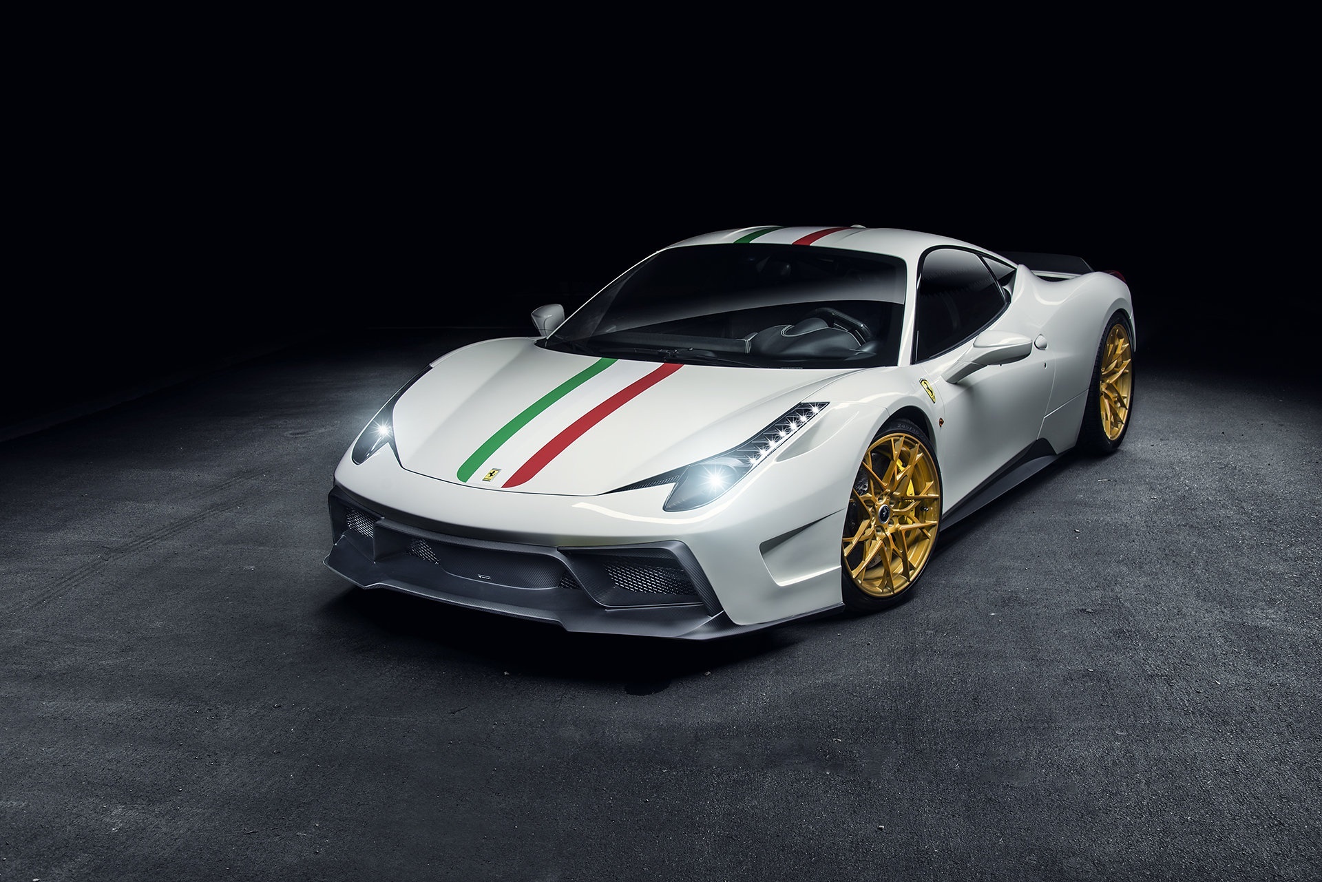 White Ferrari 458 with Italian racing stripes and gold wheels HD Wallpaper