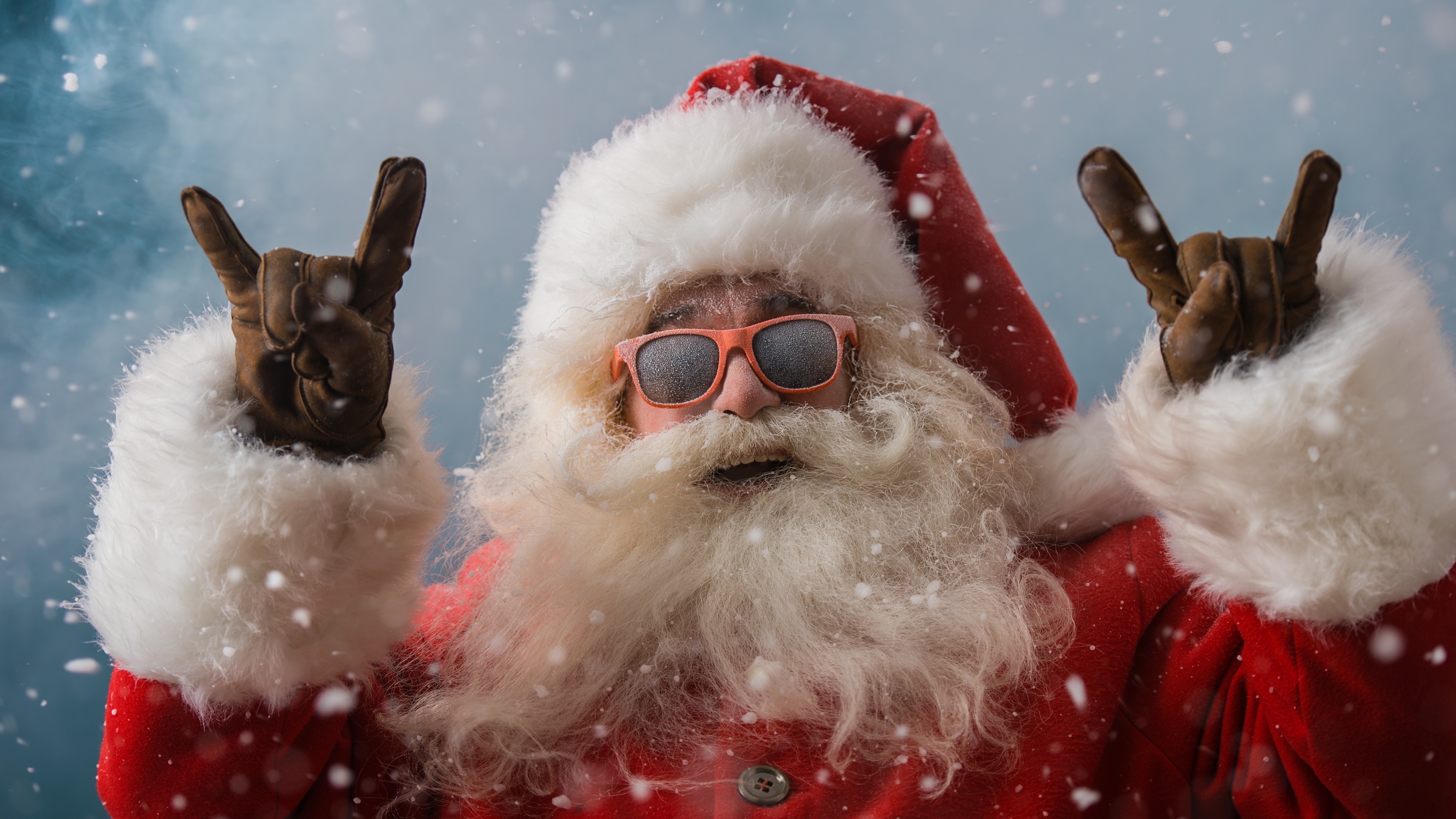 Santa Claus with sunglasses and snow HD Wallpaper