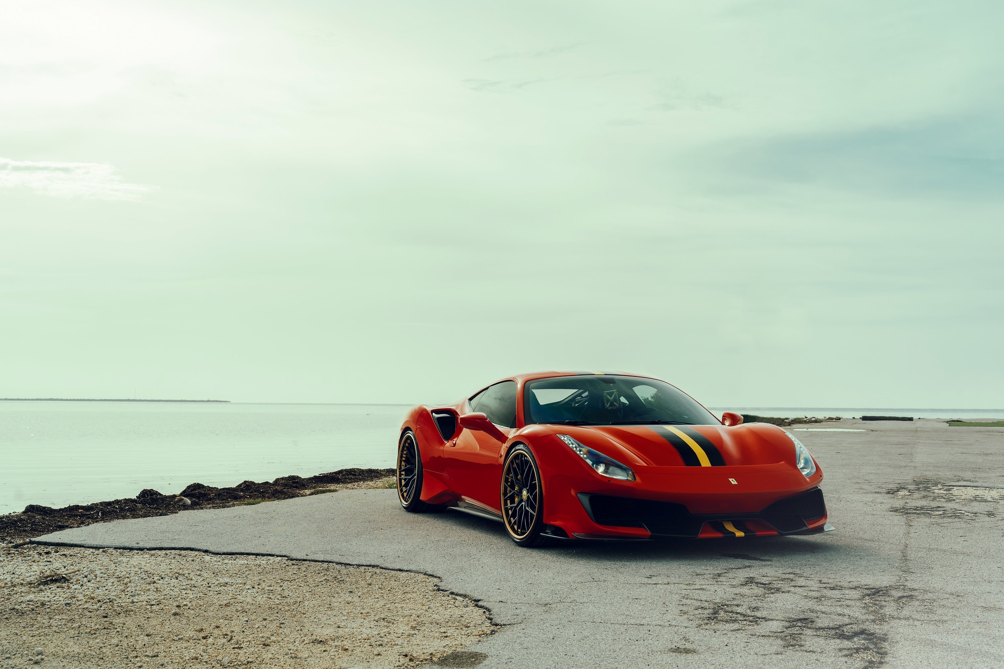 Red Ferrari 488 Pista with racing stripes HD Wallpaper