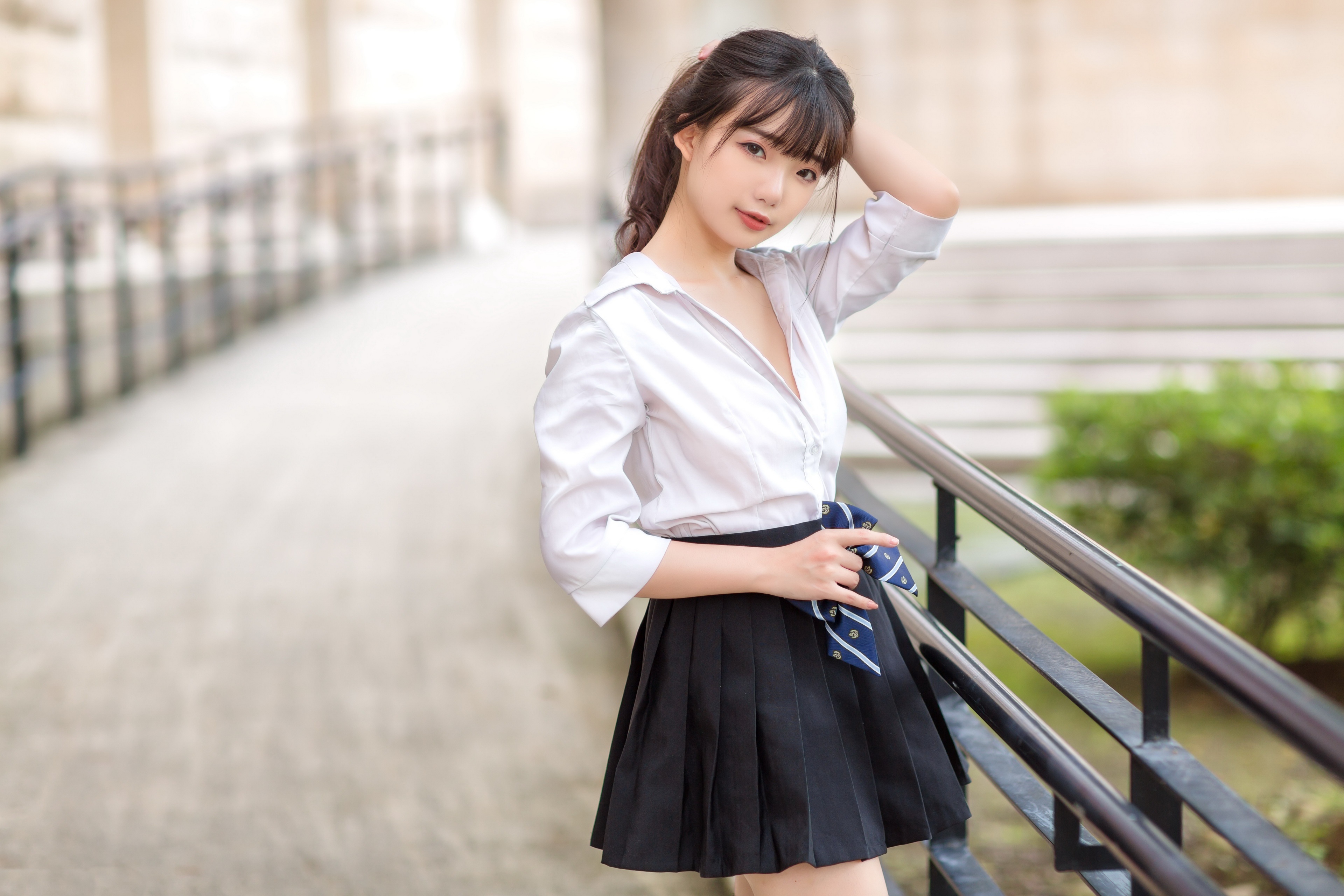 Asian girl in school uniform with tie HD Wallpaper