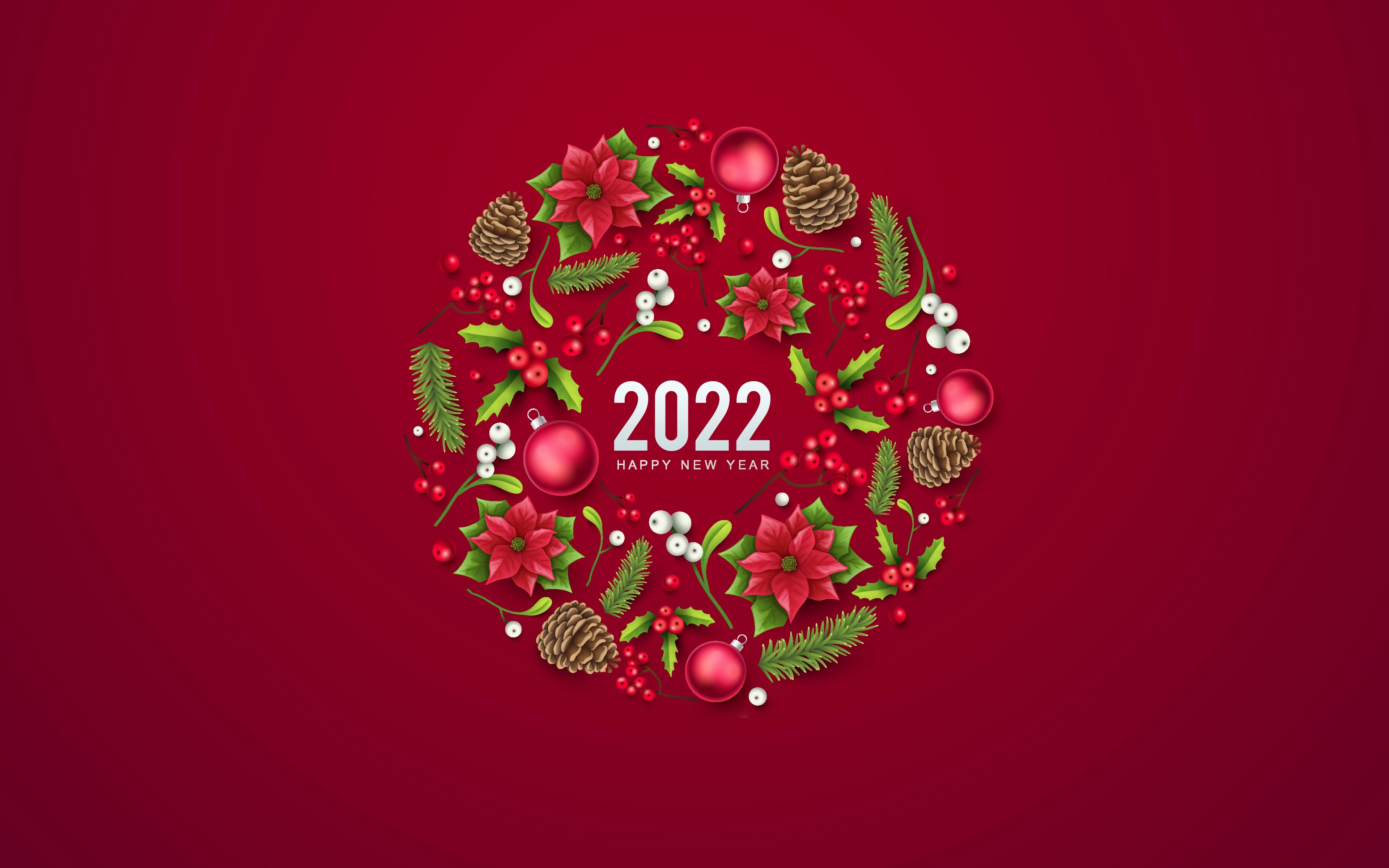 Happy New Year 2022 Christmas Wreath 4K HD Wallpaper