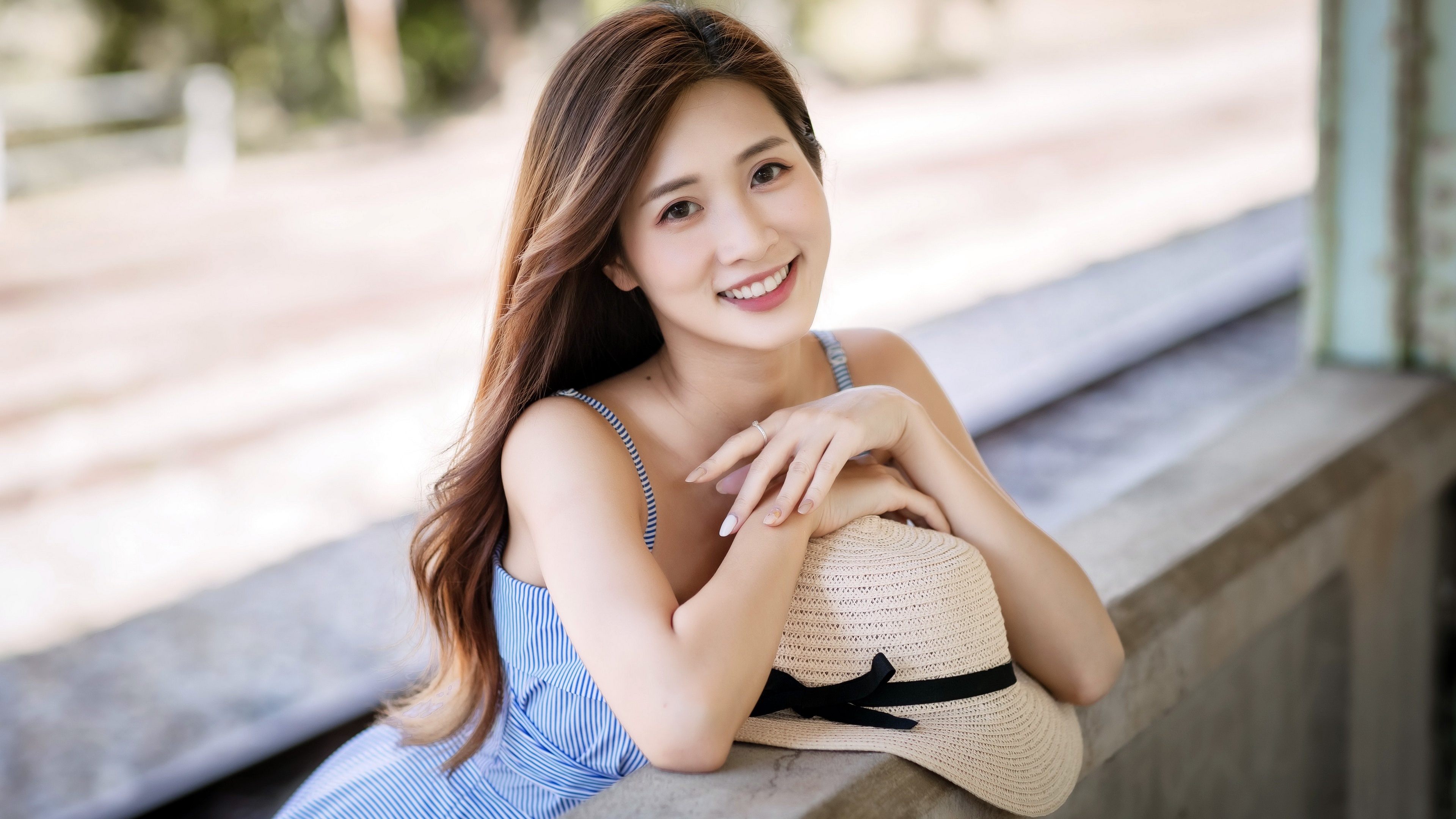 Asian woman with brunette hair wearing a blue dress HD Wallpaper
