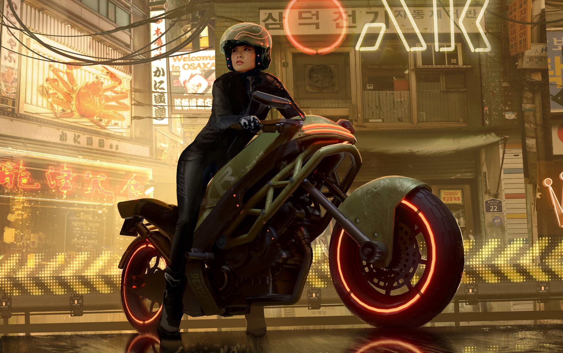 Woman on a futuristic motorcycle in a neon city HD Wallpaper