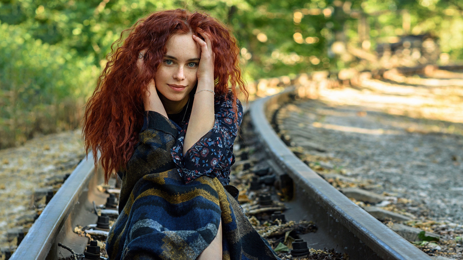 Redhead woman sitting on train tracks HD Wallpaper
