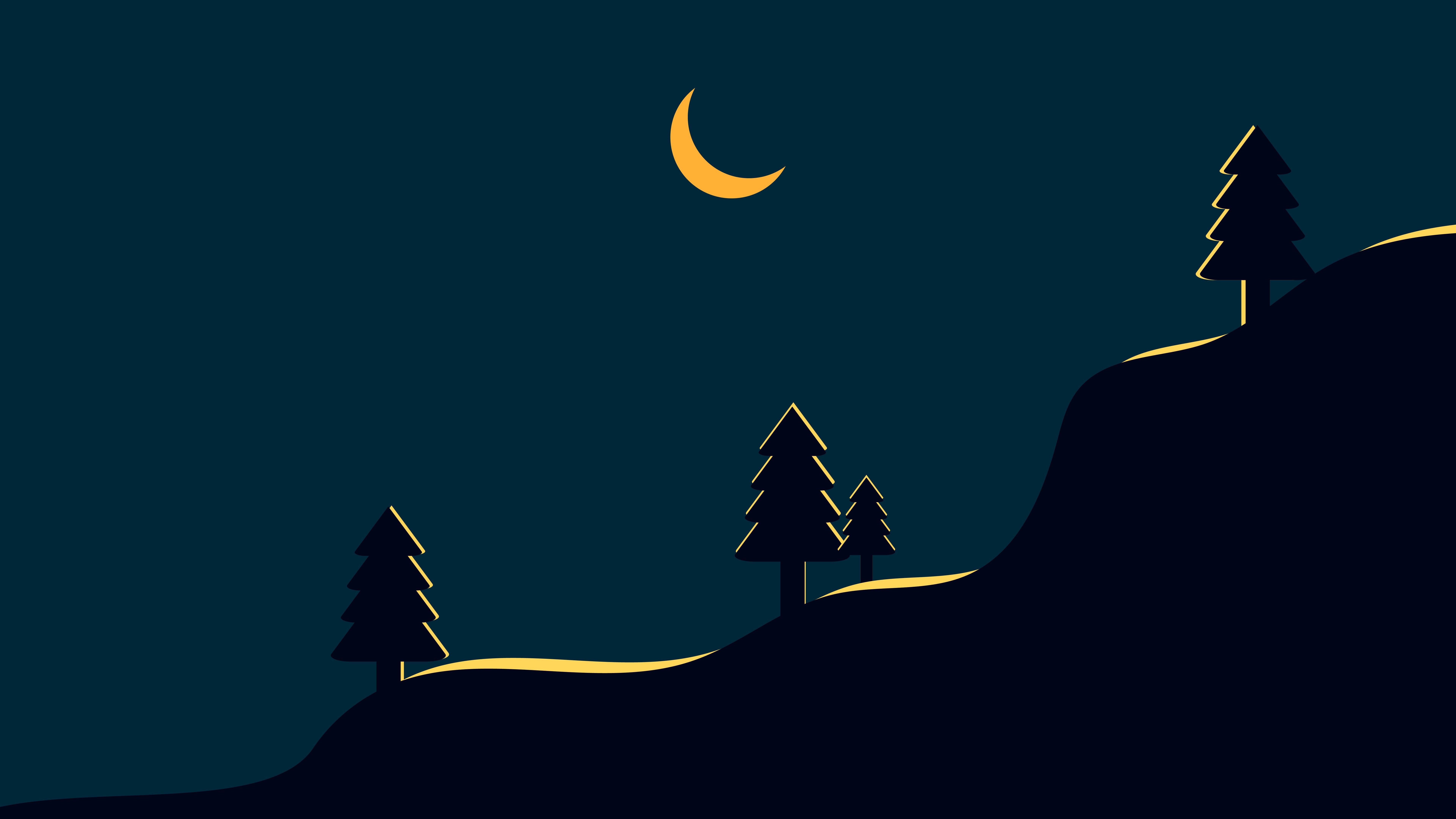 Minimalist night landscape with crescent moon and trees HD Wallpaper
