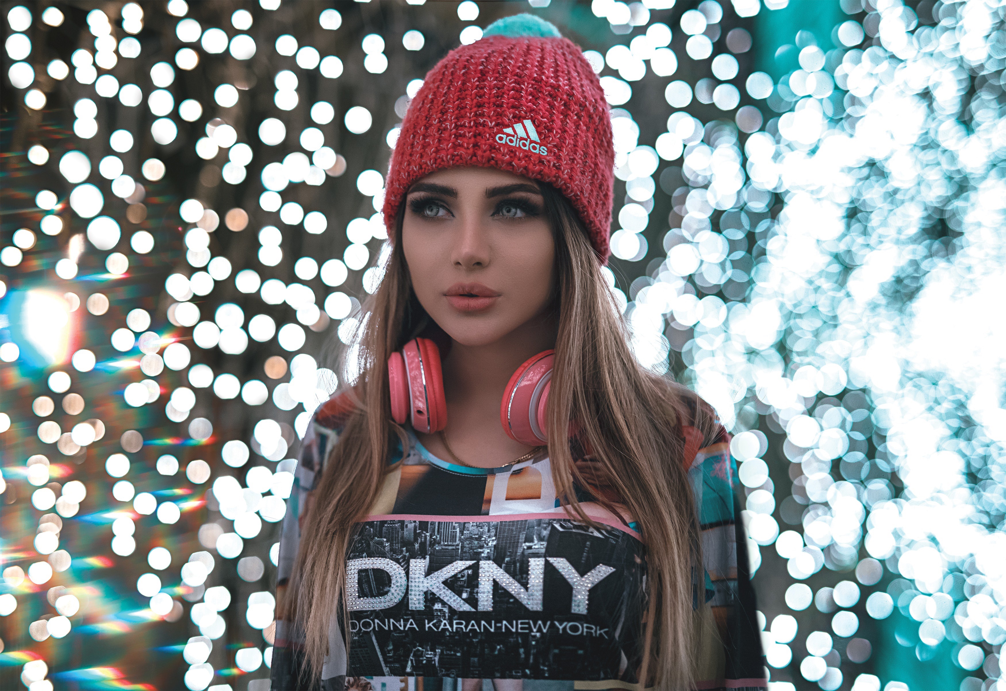 Woman wearing a red Adidas hat and DKNY shirt HD Wallpaper
