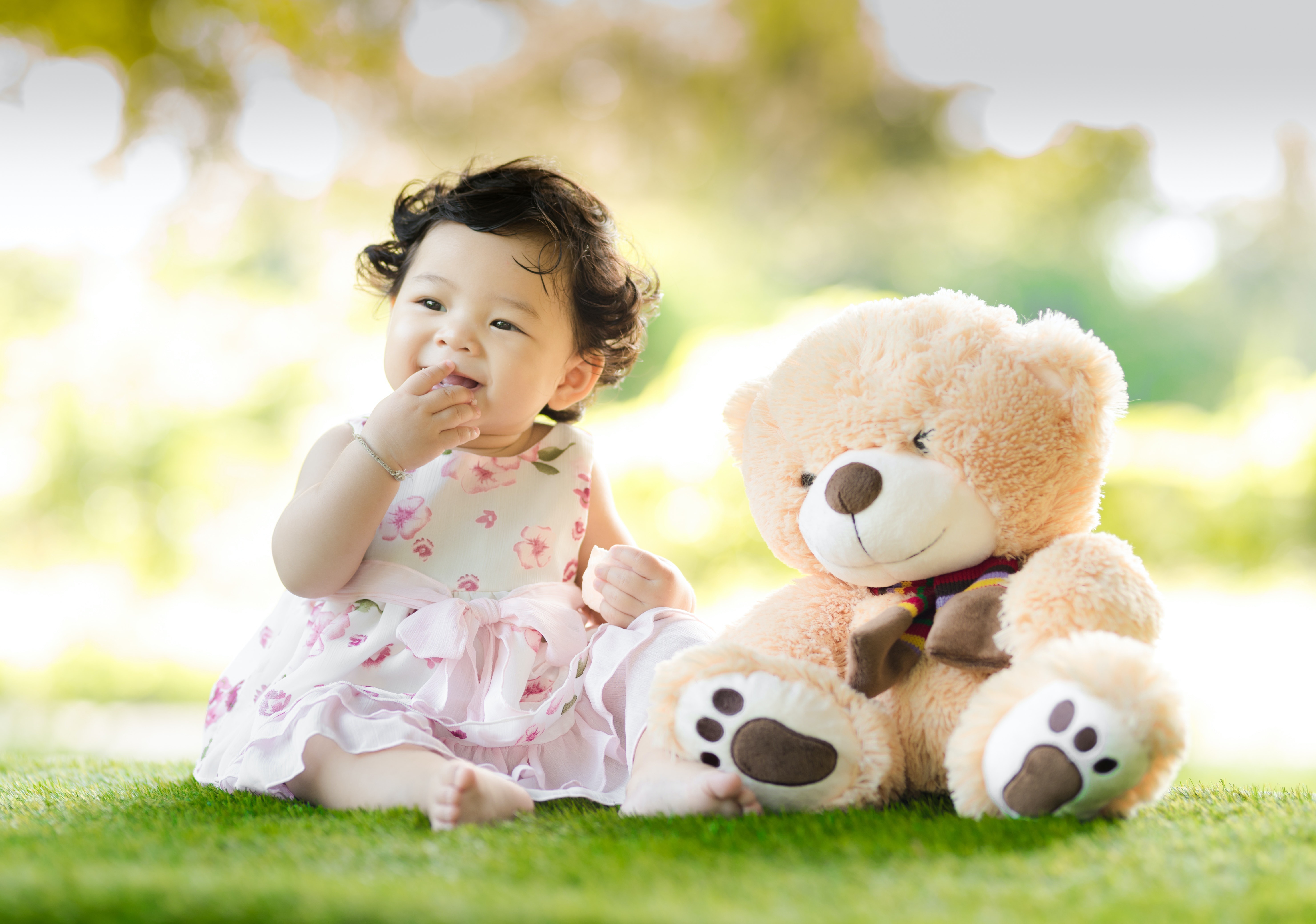 Little Girl with Teddy Bear in Park HD Wallpaper