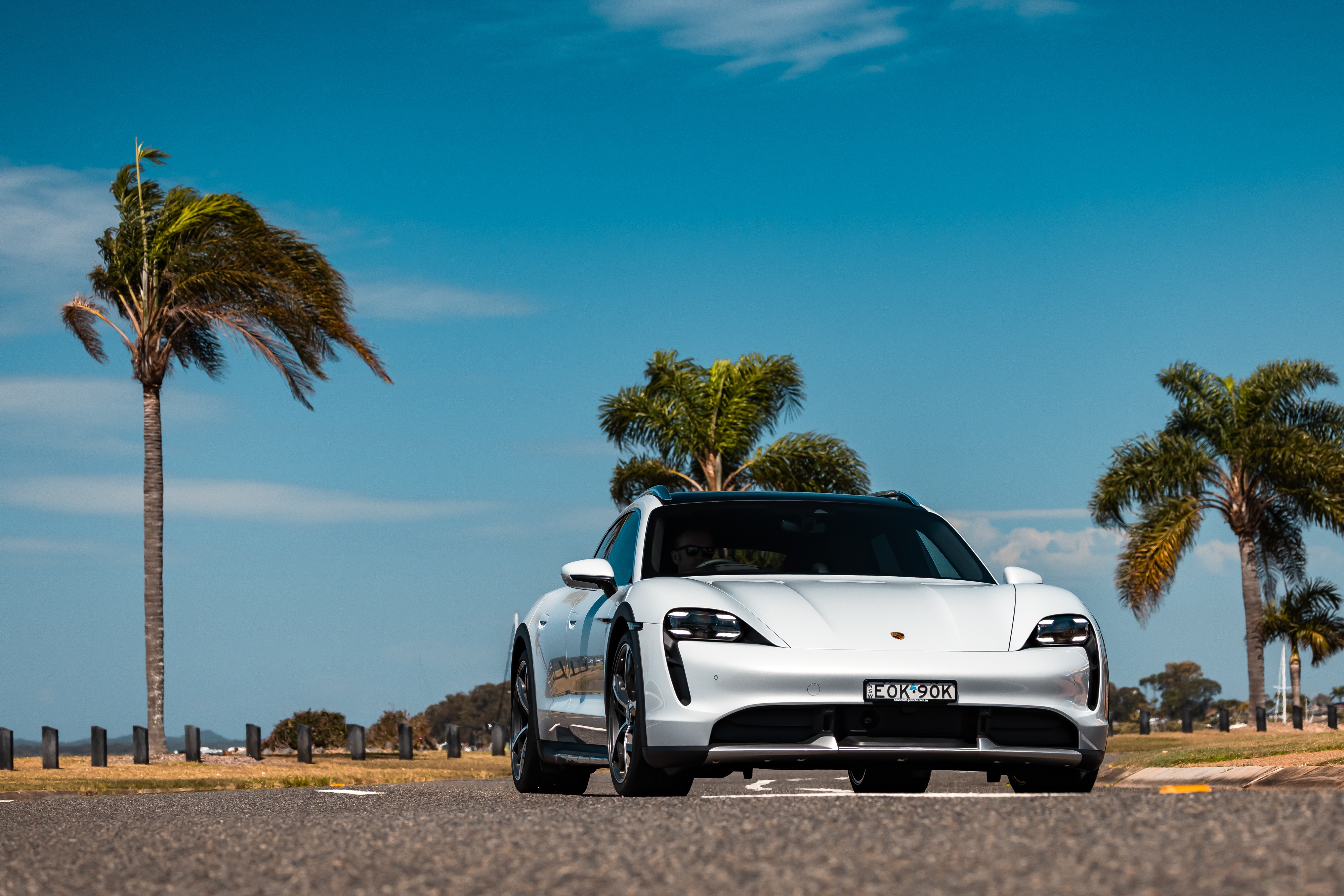 White Porsche Taycan Turbo Cross Turismo on road HD Wallpaper