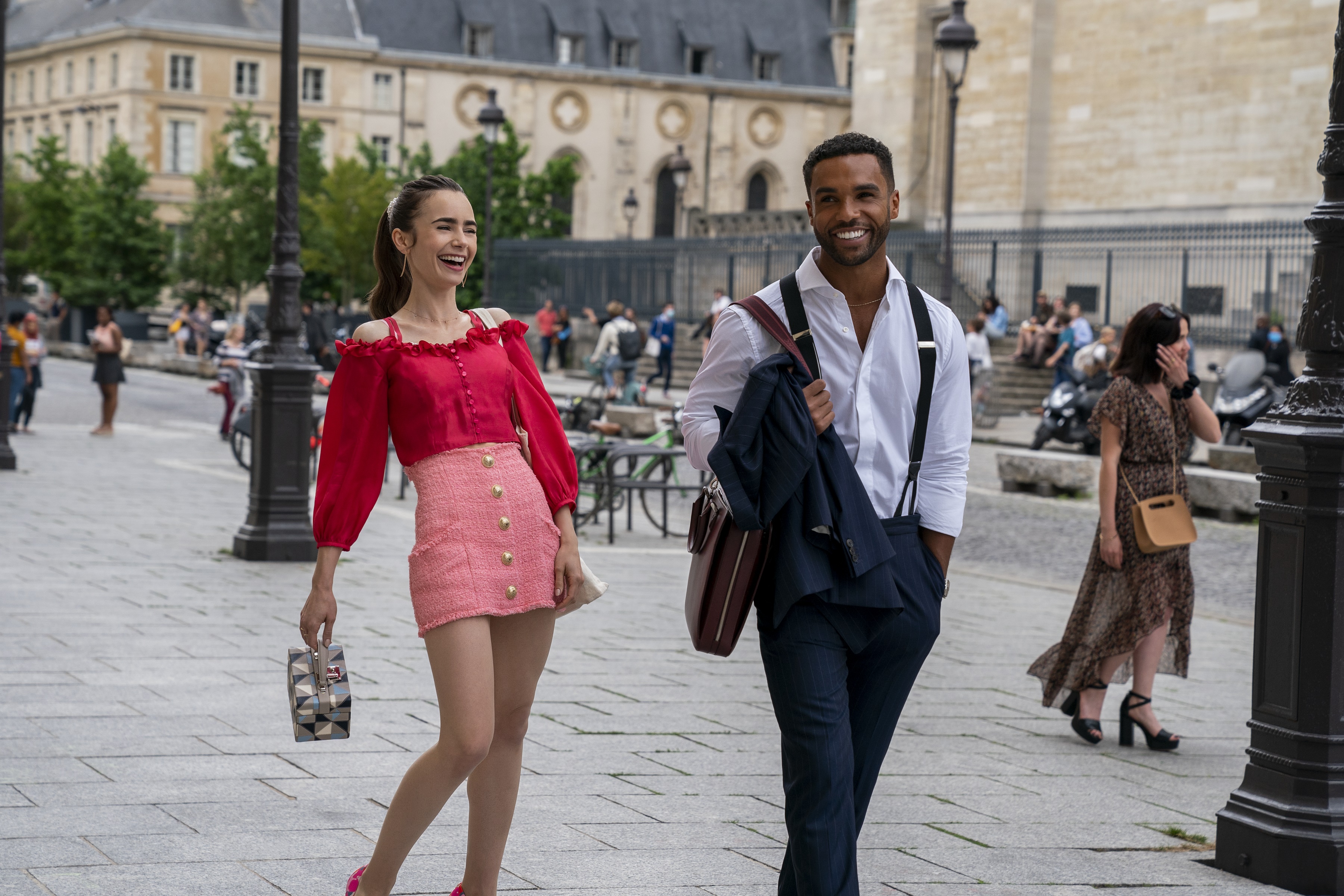 Lily Collins and Lucas Bravo in Emily in Paris HD Wallpaper