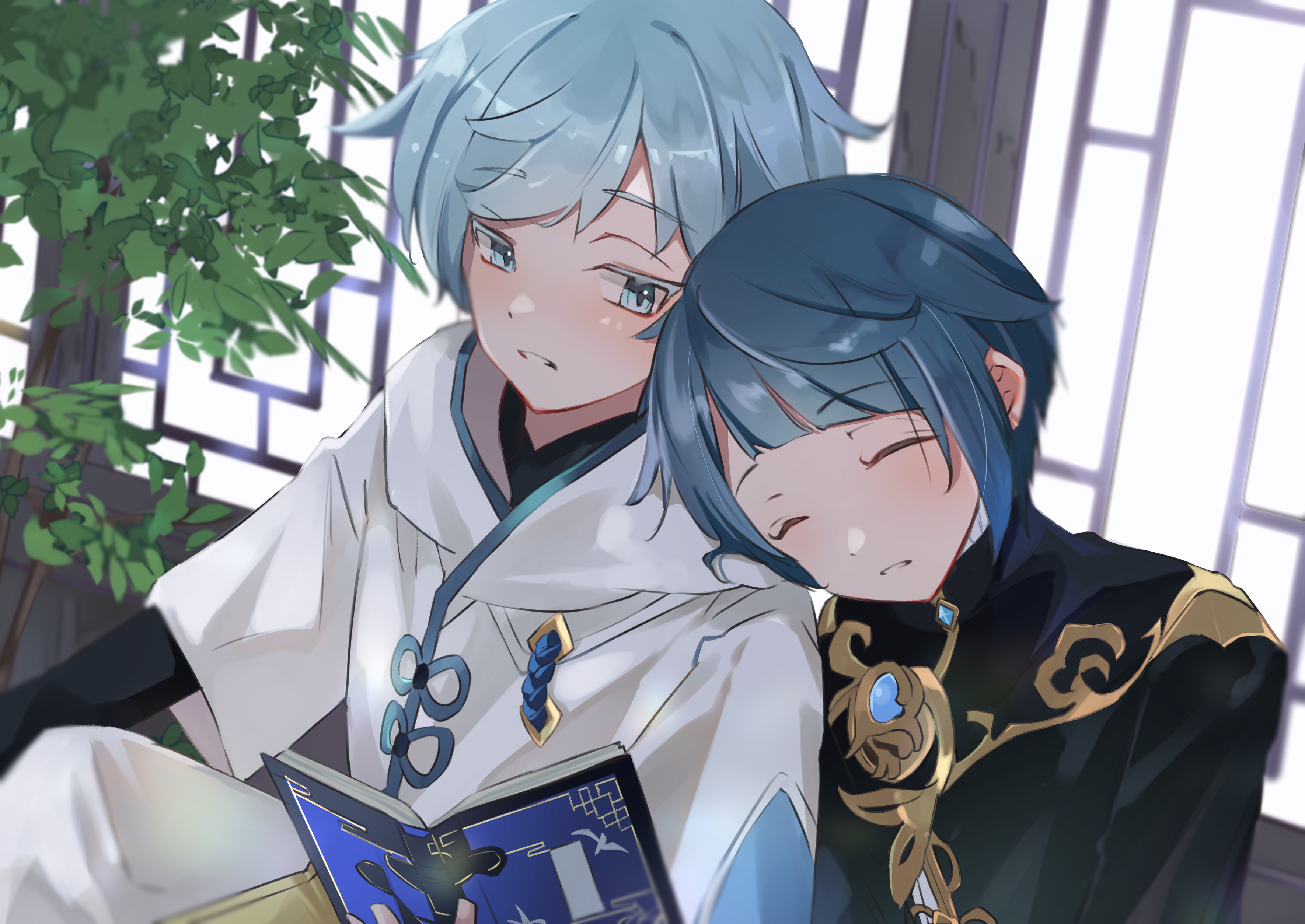 Chongyun and Xingqiu from Genshin Impact reading a book HD Wallpaper