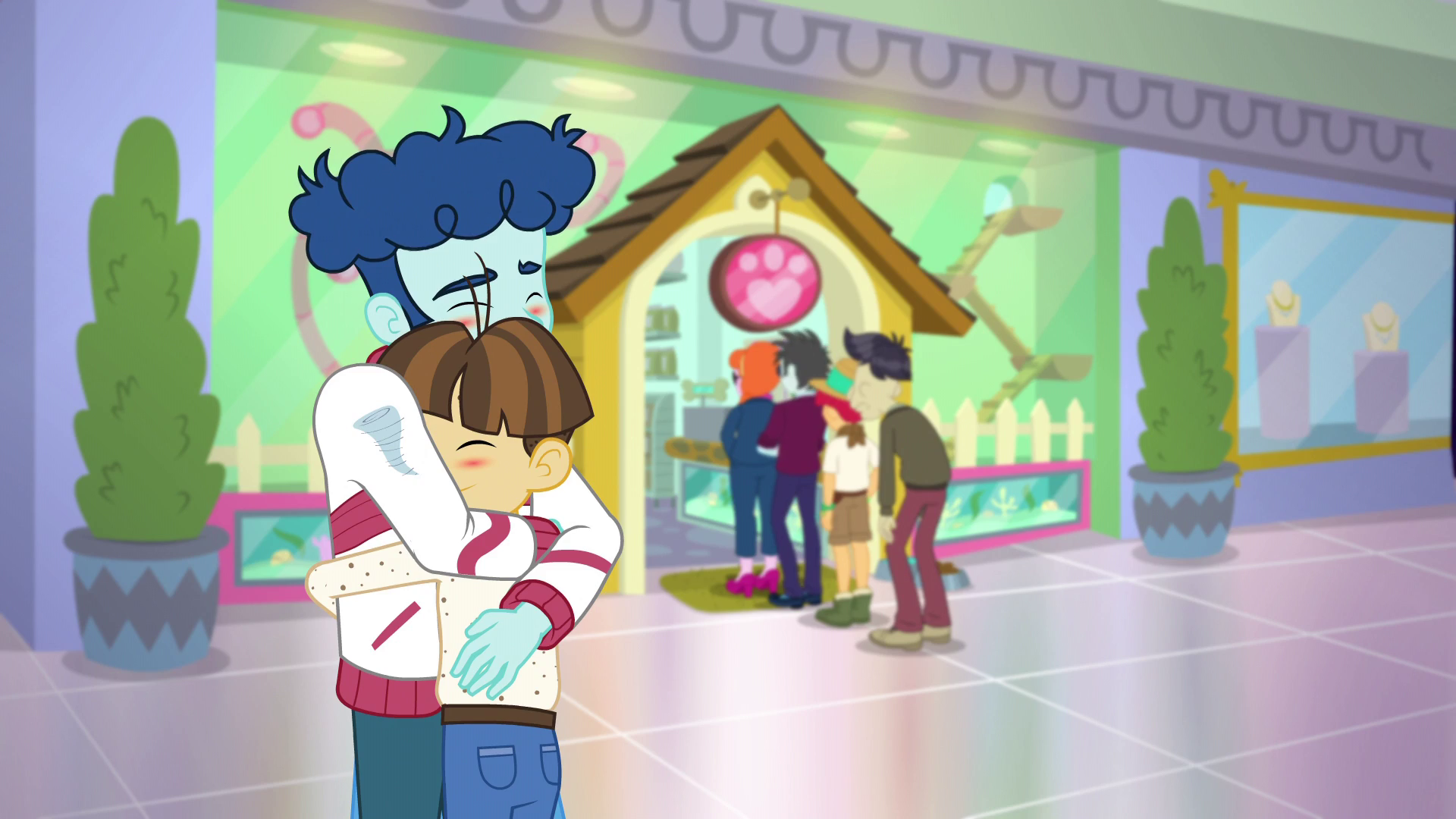 Curly Winds and Wiz Kid hugging in front of a pet store HD Wallpaper