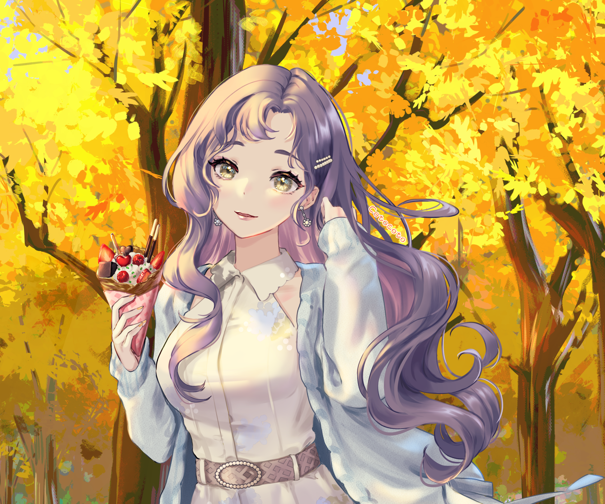 Anime girl with purple hair holding a crepe in autumn park HD Wallpaper