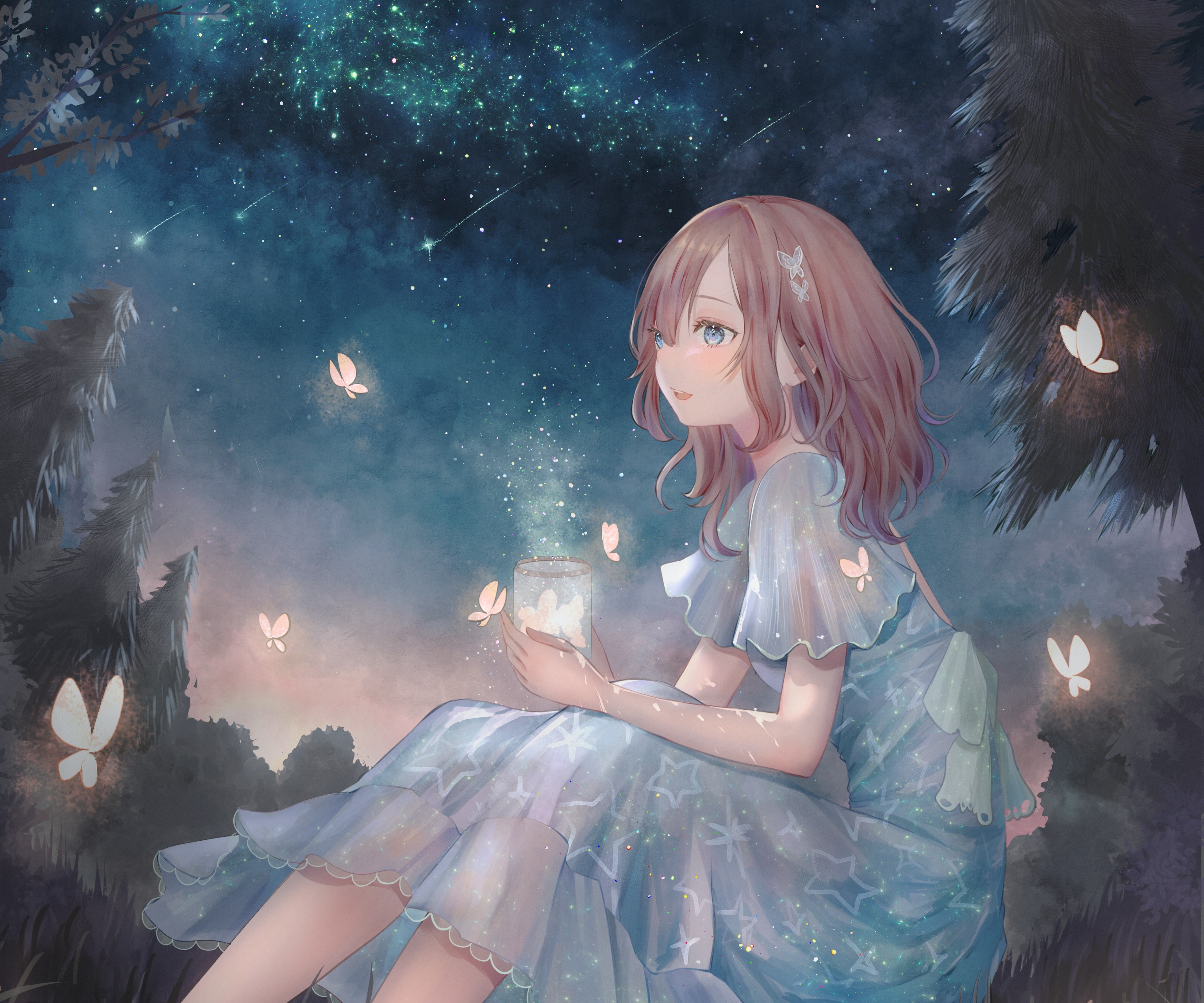 Girl in a starry dress holding a jar of fireflies HD Wallpaper
