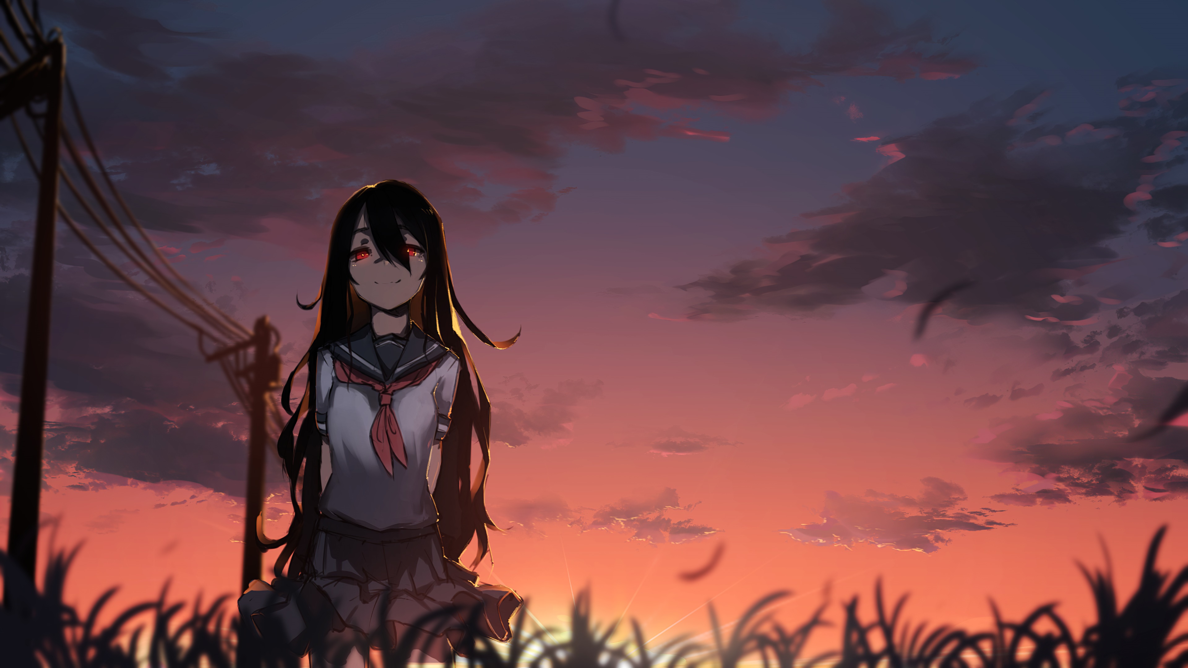 Girl in School Uniform with Red Eyes at Sunset HD Wallpaper