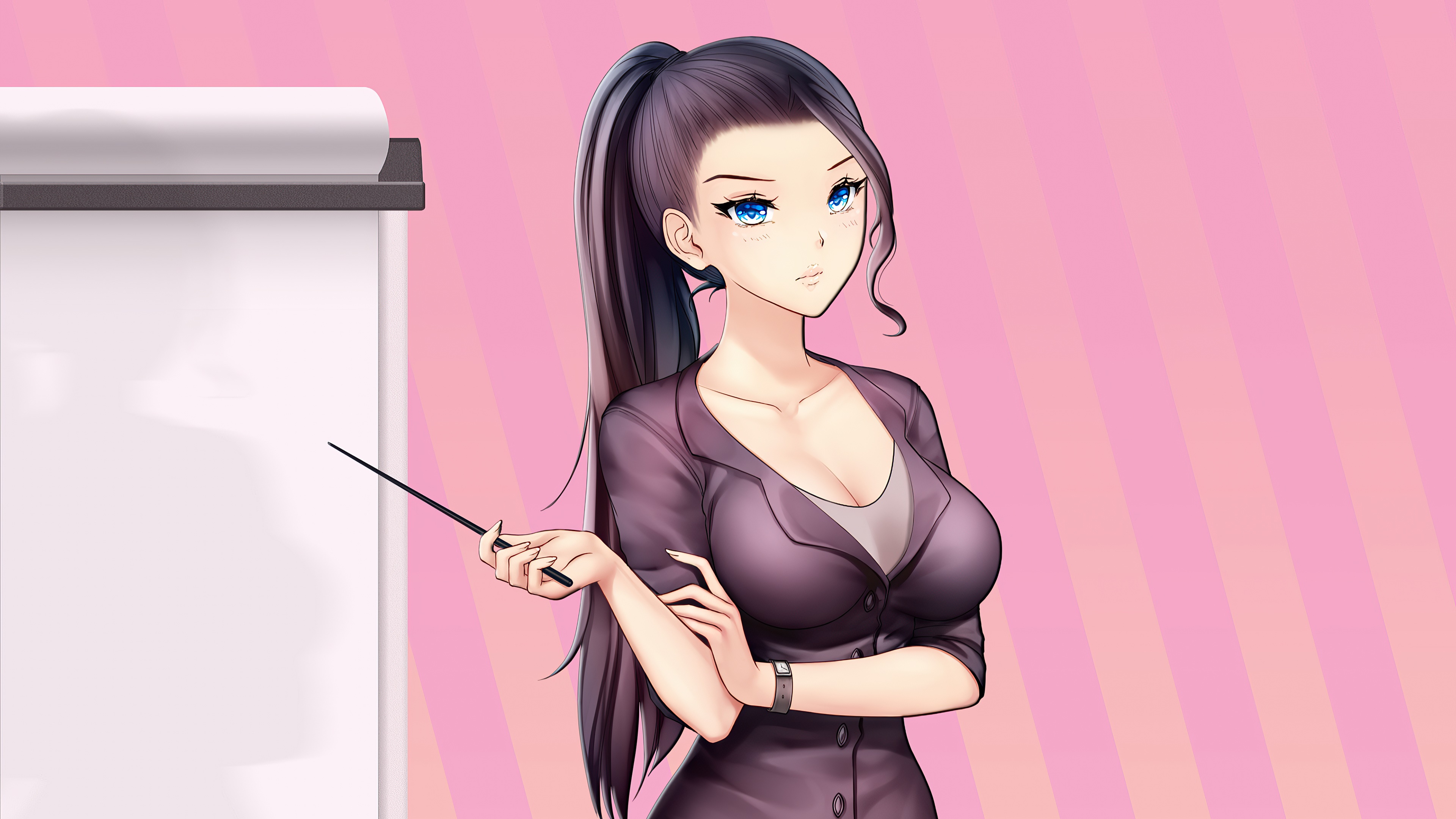 Anime girl with ponytail and suit holding pointer HD Wallpaper